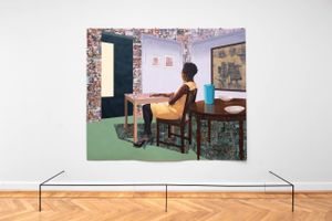 Amerikanske Njideka Akunyili Crosbys ”In the Lavender Room”, skabt specielt til denne udstilling, er et fantastisk vellykket, personligt og dragende billede i en kombination af maleri, overføringsteknikker og tegning – og passer slet ikke med de øvrige værker, Elmgreen & Dragset har valgt. Foto: Joachim Züger Andersen