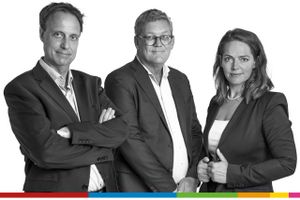 Jyllands-Postens chefredaktion Steen Rosenbak, Jacob Nybroe og Marchen Neel Gjertsen. Foto: Stine Bidstrup  