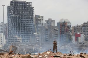 Store dele af Beiruts havneområde blev totalsmadret efter eksplosionen den 4. august 2020. Foto: Thibault Camus/Reuters