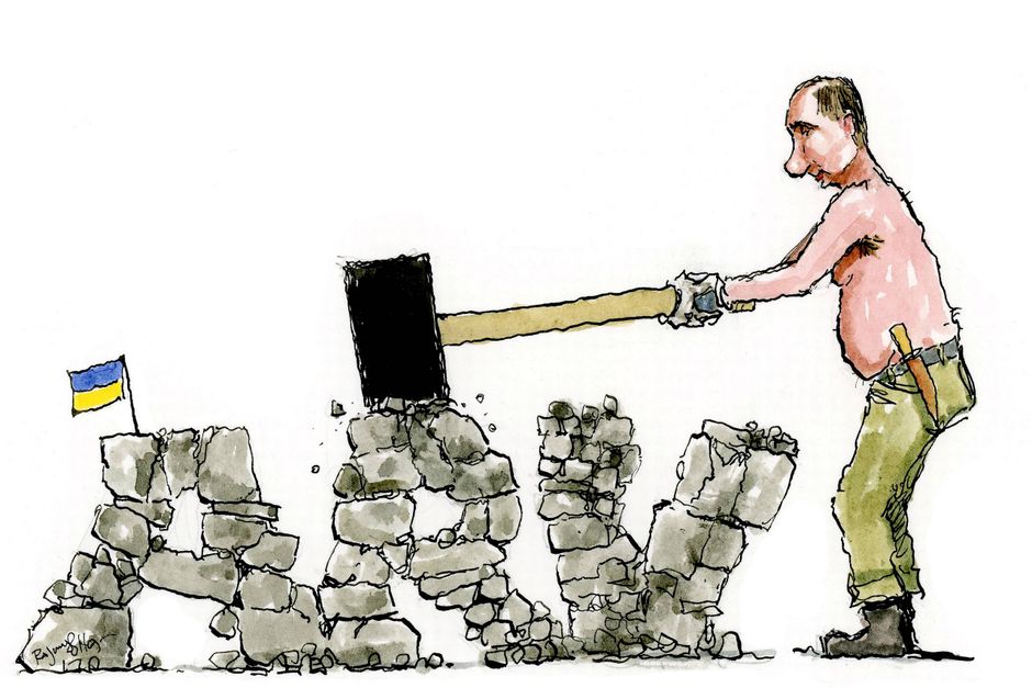Russerne nøjes ikke med at ødelægge ukrainske byer med bomber og missiler, men stjæler også ukrainske kunstværker og -genstande, som de hævder at redde fra at falde i hænderne på ukrainske nynazister, skriver Jeanette Varberg. Tegning: Rasmus Sand Høyer