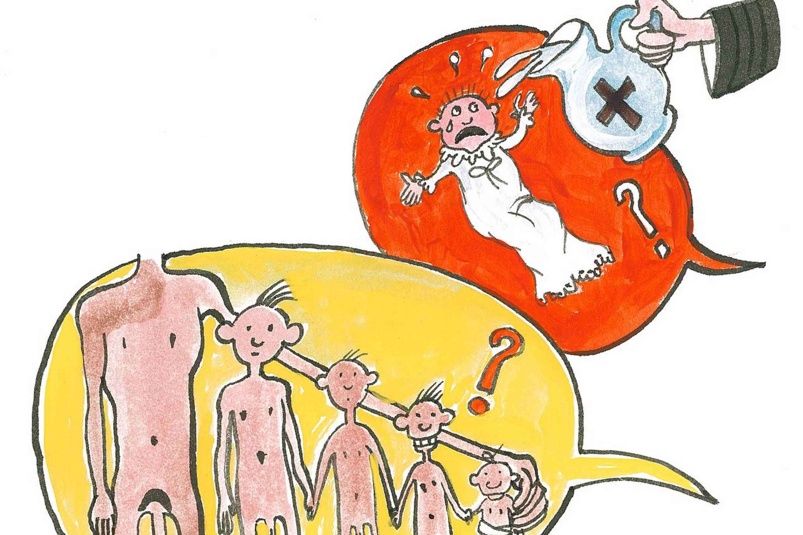 I Özlem Cekics novelle ”Ayse får en lillebror” sammenligner forfatteren omskæring og dåb. Det kan man ikke, siger kritikere. Illustration fra bogen LæseRaketten: Dorte Karrebæk