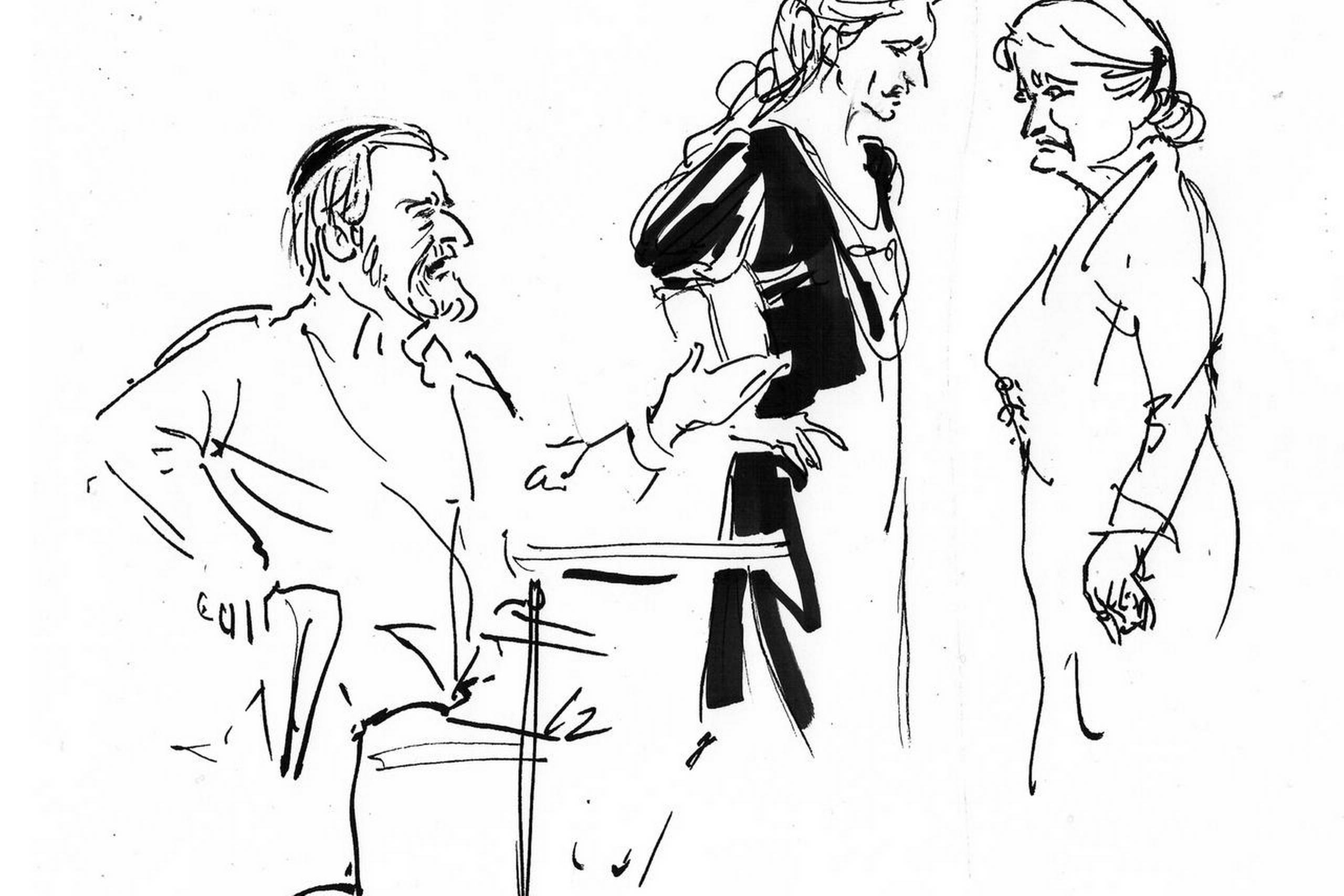 Det er opgørets time. Gamle Levin (Waage Sandø) og fru Levin (Pia Jondal) konfronterer datteren Esther (Marie Sandø Jondal). Tegning: Tove Nørgaard