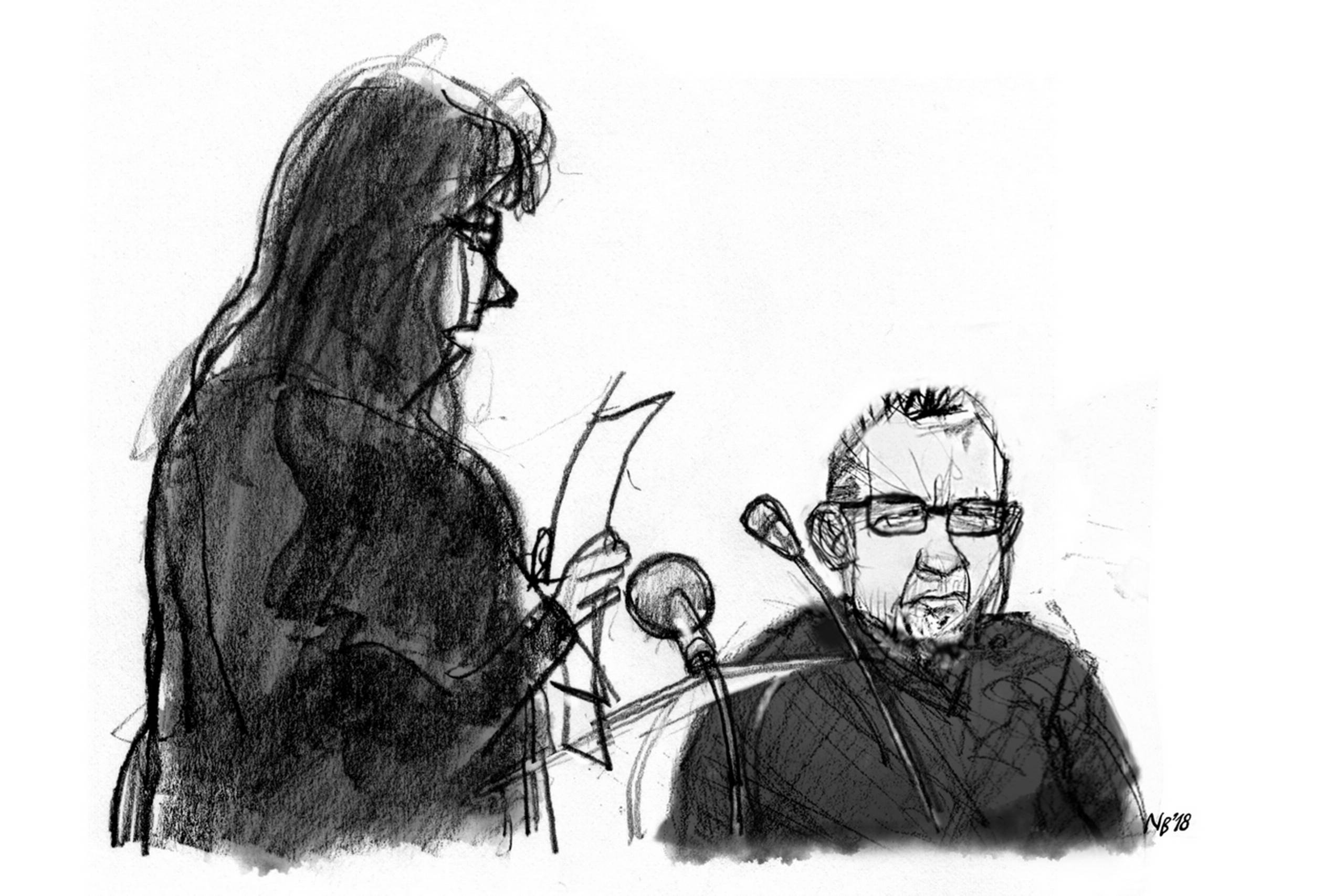 Peter Madsen i retten sammen med forsvarsadvokat Betina Hald Engmark. Tegning: Niels Bo Bojesen