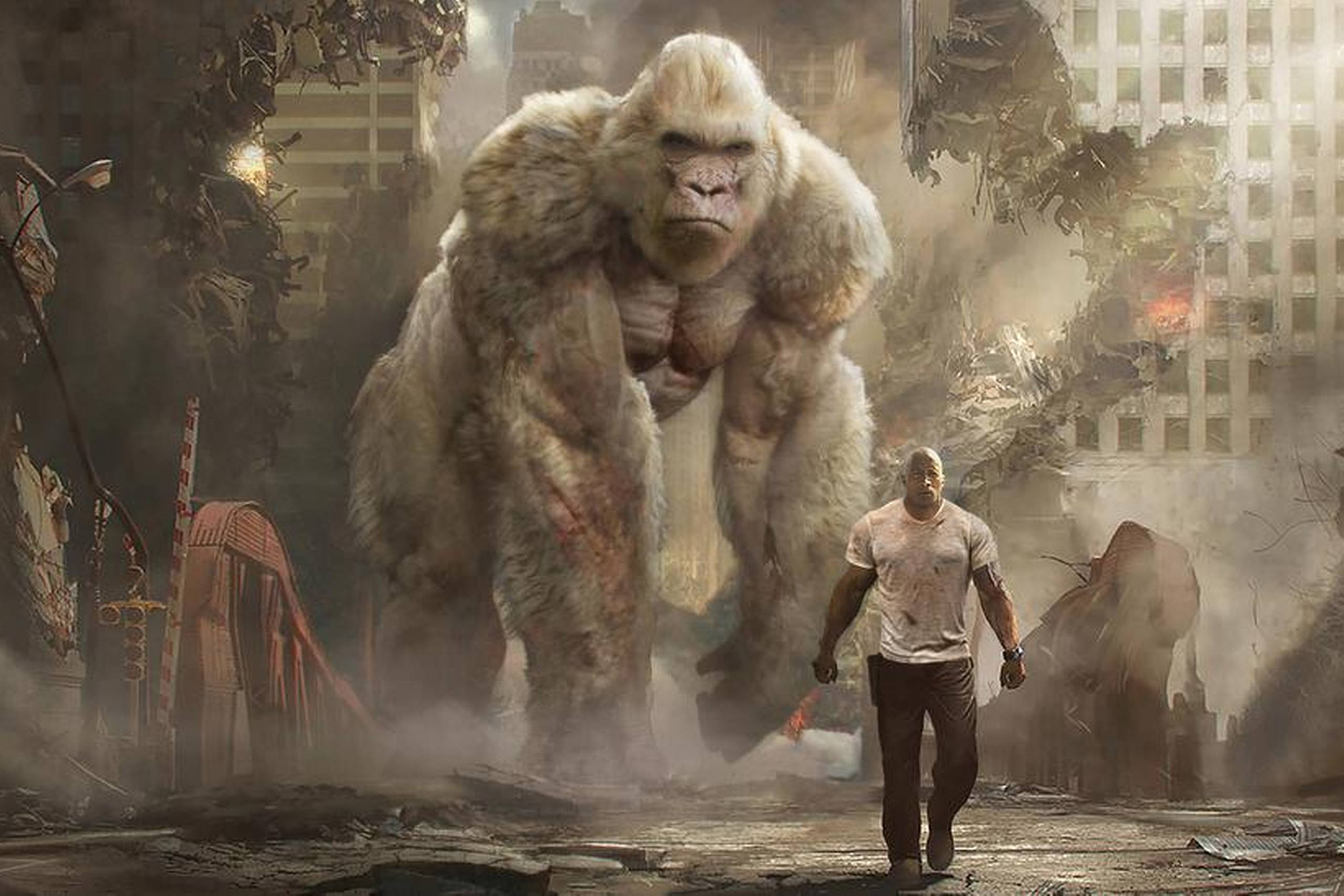 Primatologen Davis Okoye (Dwayne Johnson) har et helt særligt bånd til albinogorillaen George. Foto: SF Studios