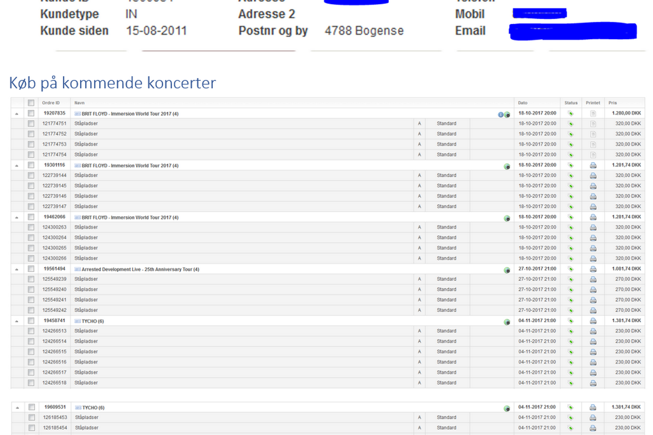 DR har fået kendskab til bl.a. denne kunde, som køber massevis af billetter og tilsyneladende har en bred smag. Billetterne har DR siden fundet til salg hos Viagogo. Screenshot: DR