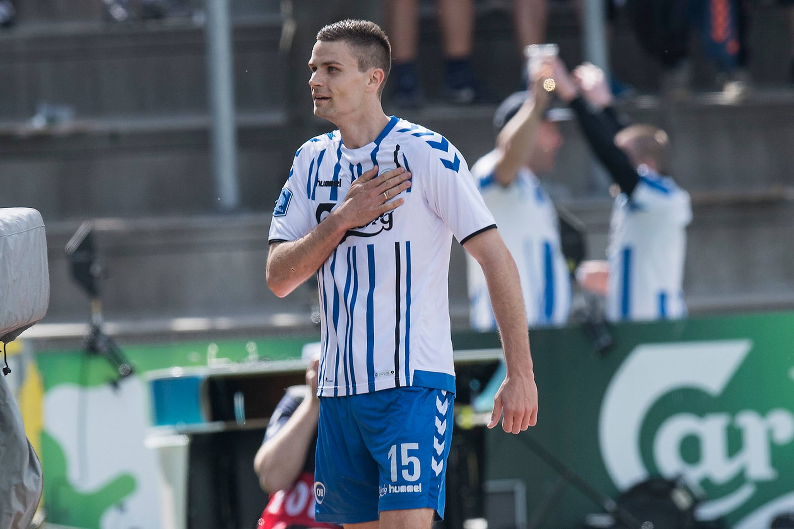 Nicklas Helenius jubler efter sin scoring til 2 - 0 Alka Superliga EWII Park Odense. OB mod Lyngby sørdag den 22 april 2018. Foto: CLAUS FISKER