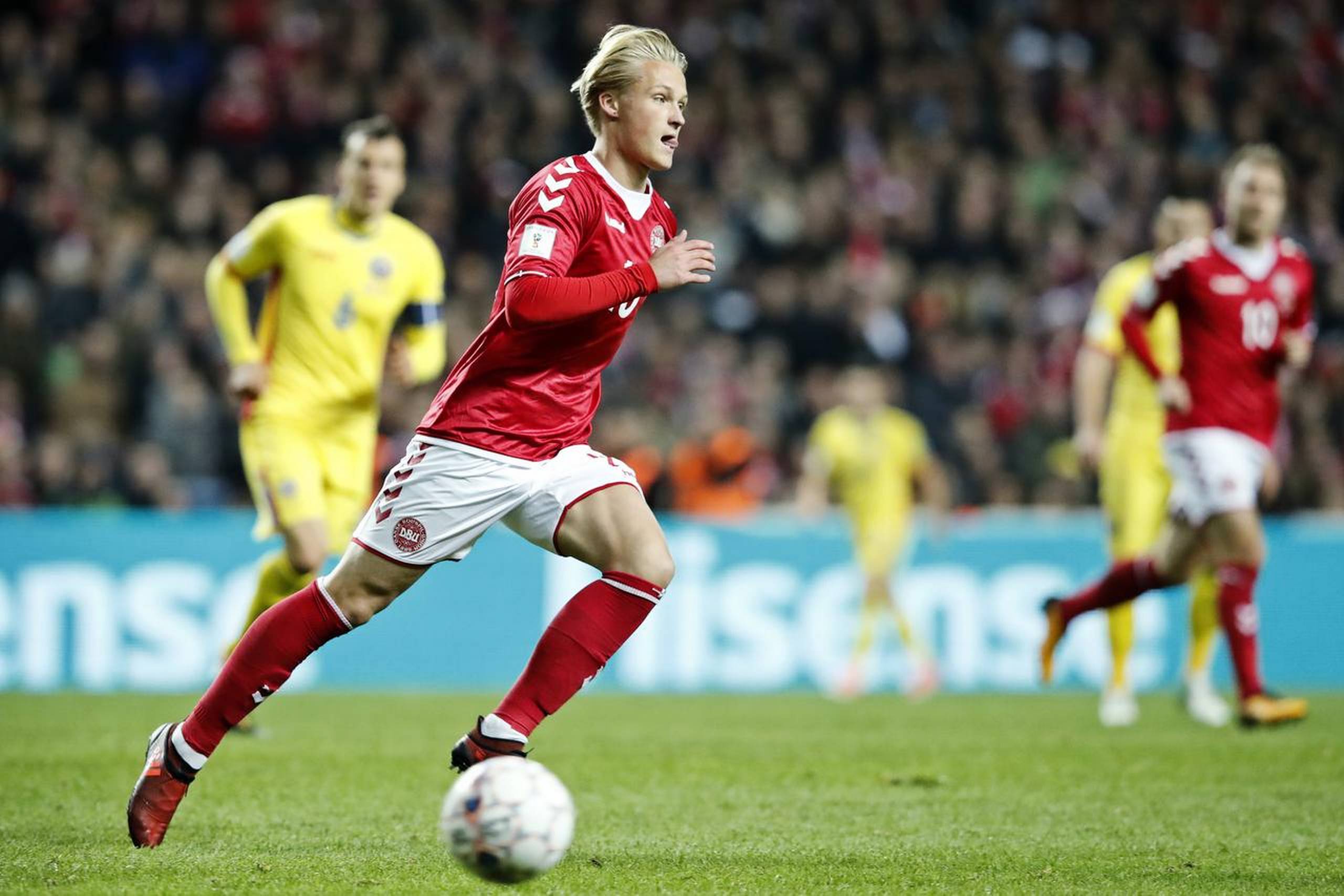 Kasper Dolberg har spillet fire A-landskampe for Danmark. Nu håber han på at komme med til VM. Arkivfoto: Jens Dresling/Polfoto