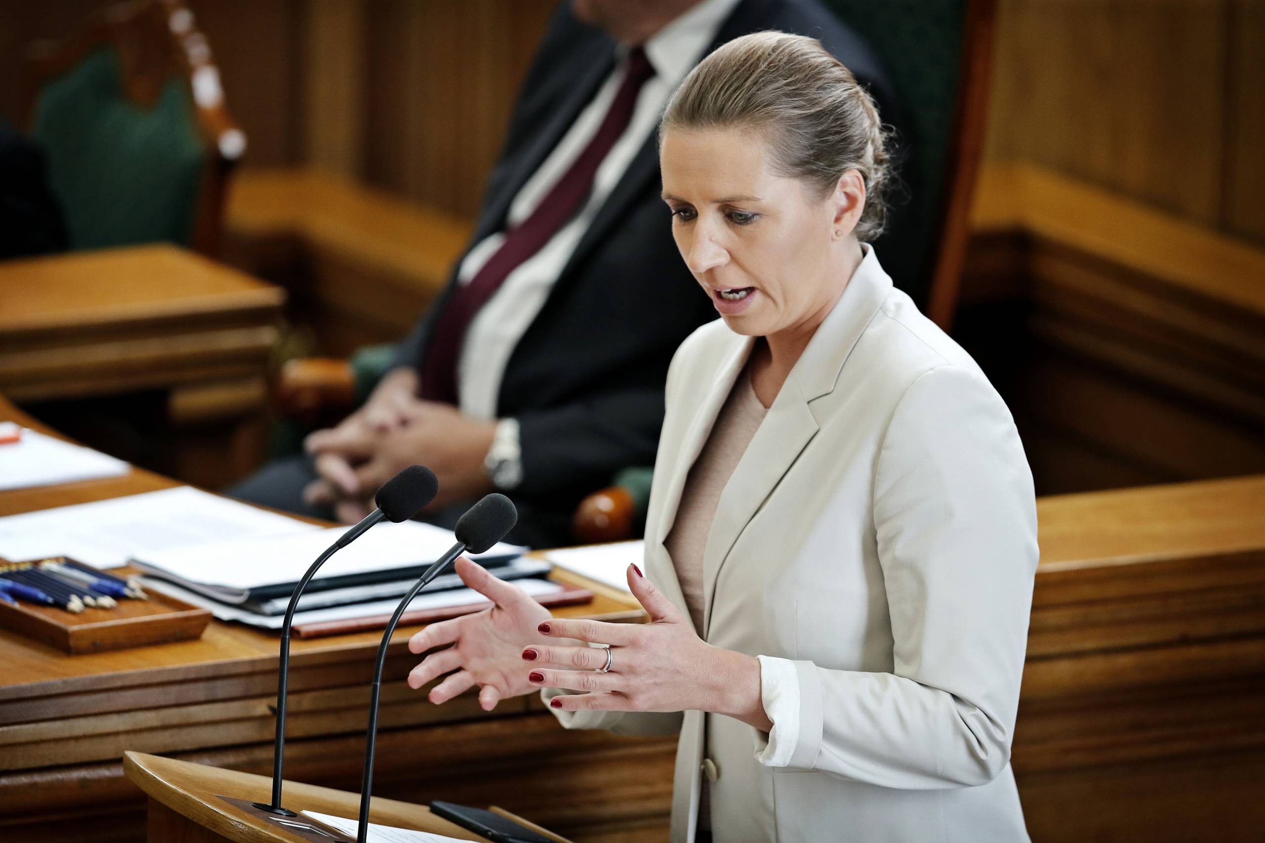 Socialdemokratiets formand Mette Frederiksen under afslutningsdebatten. Foto: Jens Dresling/Ritzau Scanpix