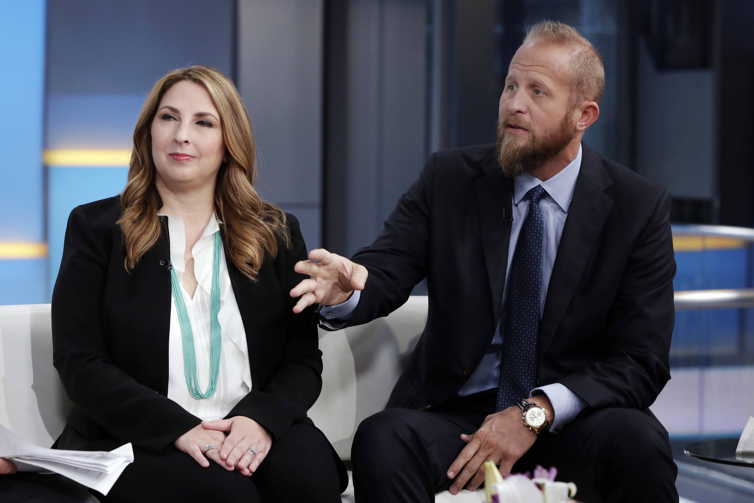 Brad Parscale, kampagnechef for Trumps 2020 præsidentkampagne, da han i sidste måned blev interviewet på Trumps yndlingsprogram, Fox & Freinds, sammen med Ronna McDaniel, formand for Den Republikanske Nationalkomite. Foto: AP/Richard Drew