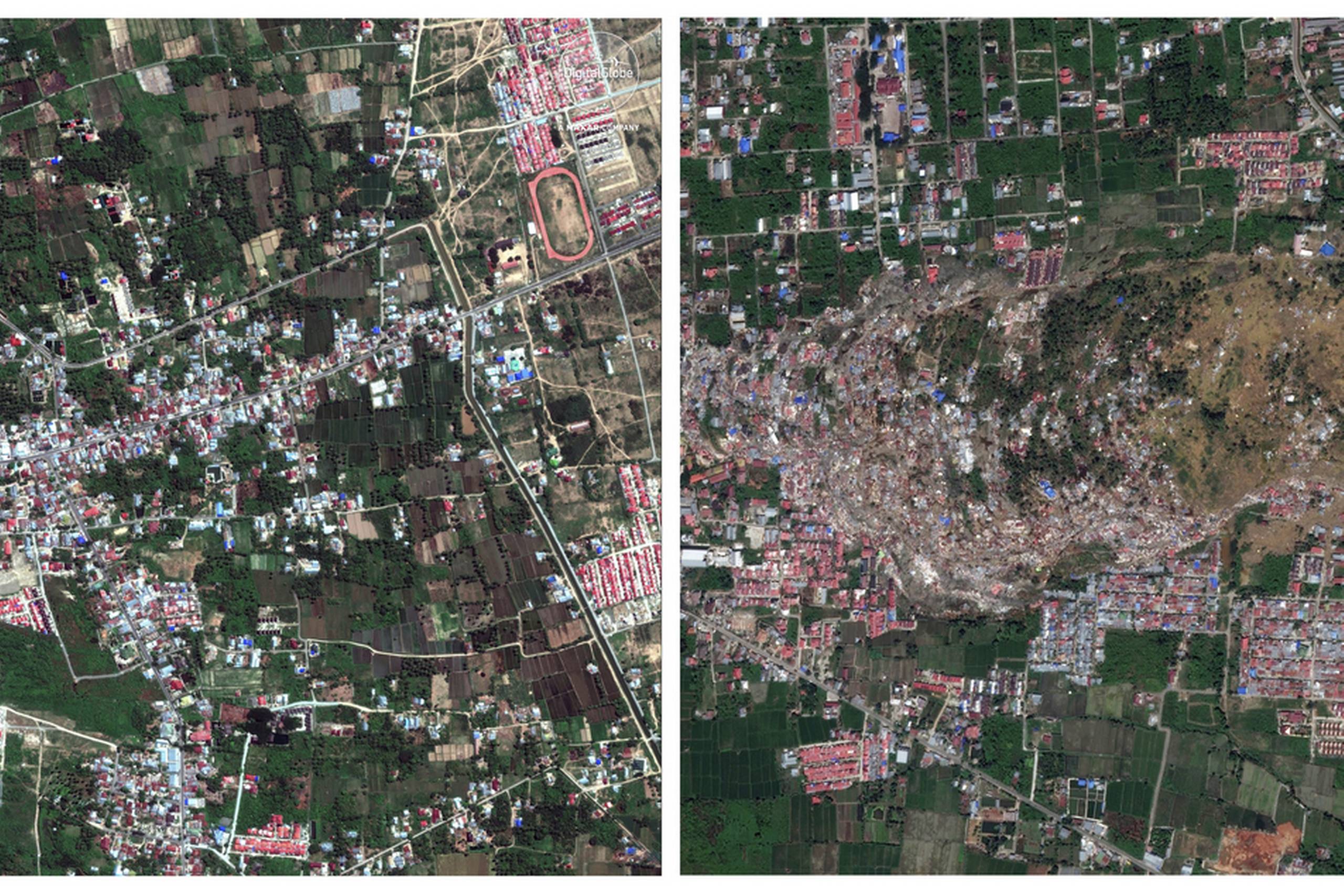 Satelitbilledet til venstre viser Petobo-kvarteret i Palu den 17. august 2018, og billedet til højre viser det samme område den 1. oktober efter at jordskælvet og tsunami ramte øen. Foto: DigitalGlobe, a Maxar company via AP