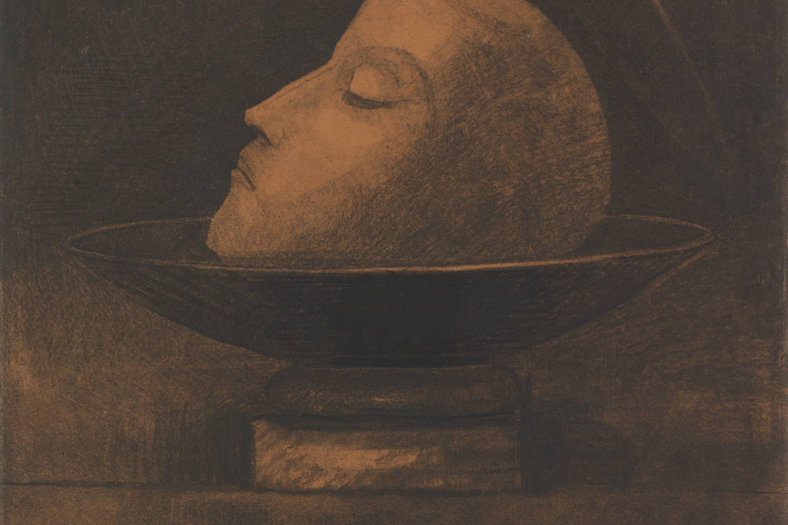 Hos Odilon Redon bliver Johannes Døberens hoved nærmest fredfyldt og meditativt: ”Tête de martyr”, 1877, kul og blyant på papir, 36,6 x 36,3 cm. Kröller-Müller Museum, Otterlo