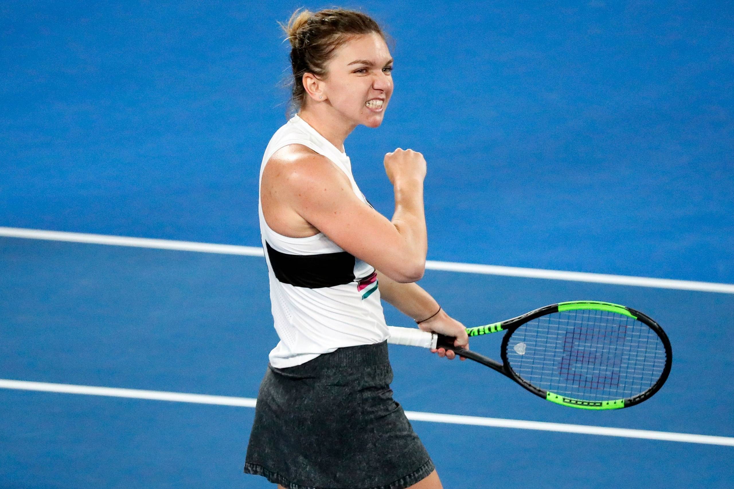Simona Halep efter sejren over Sofia Kenin. Foto: David Gray/AFP