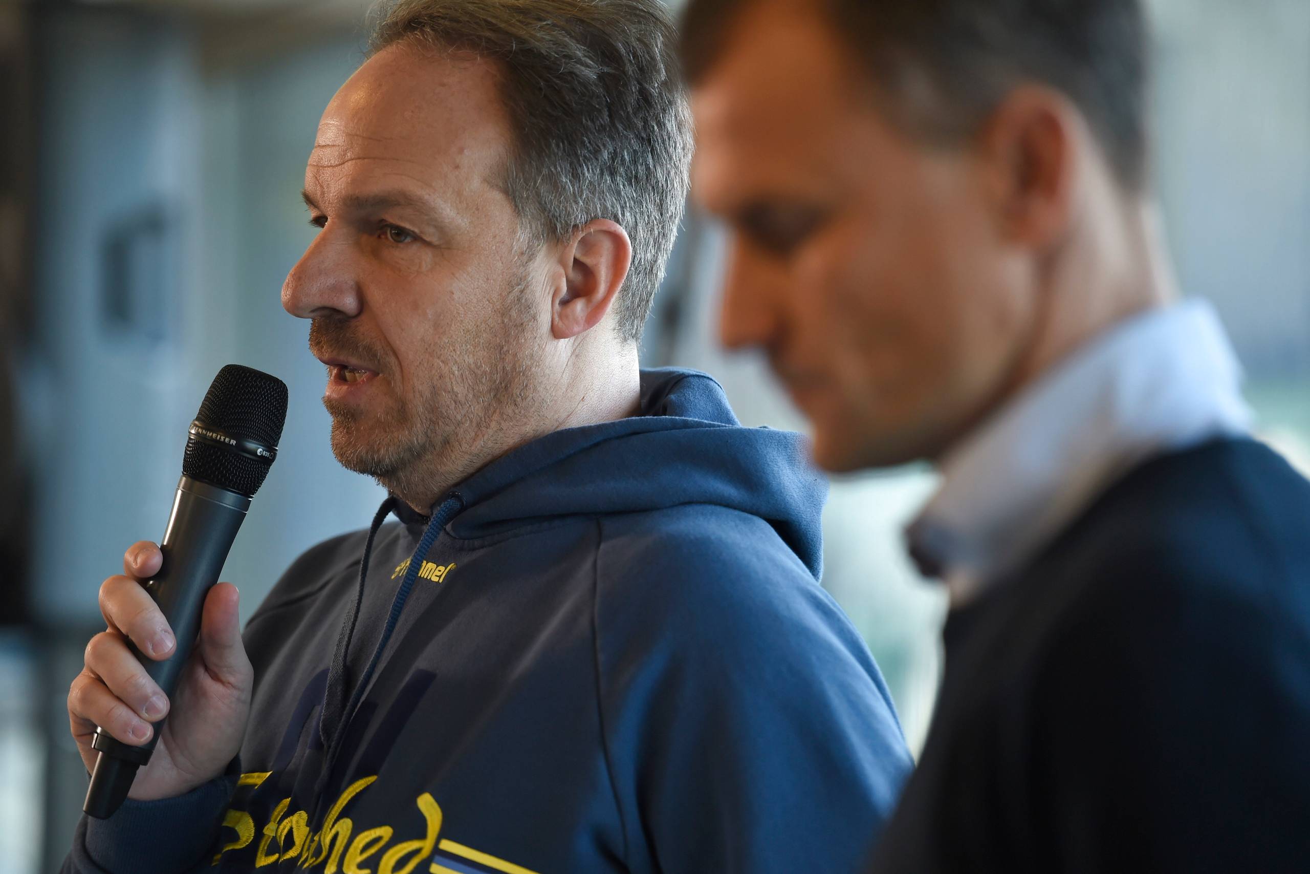 Alexander Zorniger (tv) og Ebbe Sand på mandagens pressemøde i Brøndby.
Foto:Liselotte Sabroe