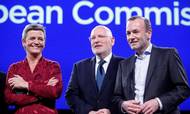 Frans Timmermans (i midten) ses her sammen med Margrethe Vestager og Manfred Weber. Foto: Francois Walschaerts/Reuters