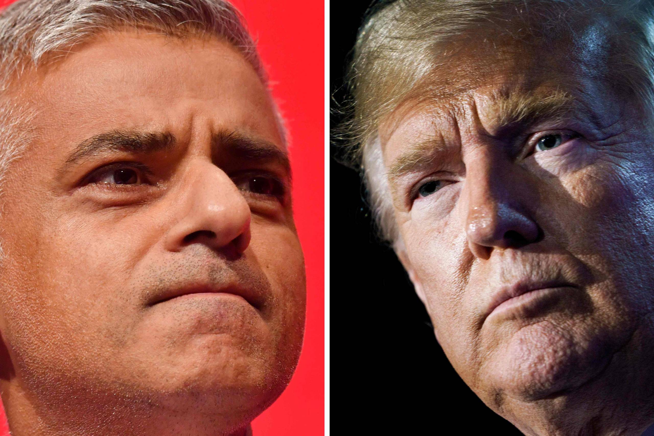 (FILES) In this file photo taken on July 13, 2018 This combination of files pictures created in London on July 13, 2018 shows Mayor of London Sadiq Khan (L) delivering a speech on the second day of the Labour Party Conference in Brighton on September 25, 2017 and US President Donald Trump (R) addressing a press conference on the second day of the North Atlantic Treaty Organization (NATO) summit in Brussels on July 12, 2018. - US President Donald Trump arrived on his state visit to Britain on June 3, 2019 in combative mood, following up his weekend interventions over Brexit with a broadside against London's "loser" mayor. Trump's plane had not even touched down when he tweeted that Sadiq Khan, who has been highly critical of the red-carpet welcome laid on for Trump, had done a "terrible job" running London. Foto: Ben Stansall ogBrendan Smialowski/AFP 