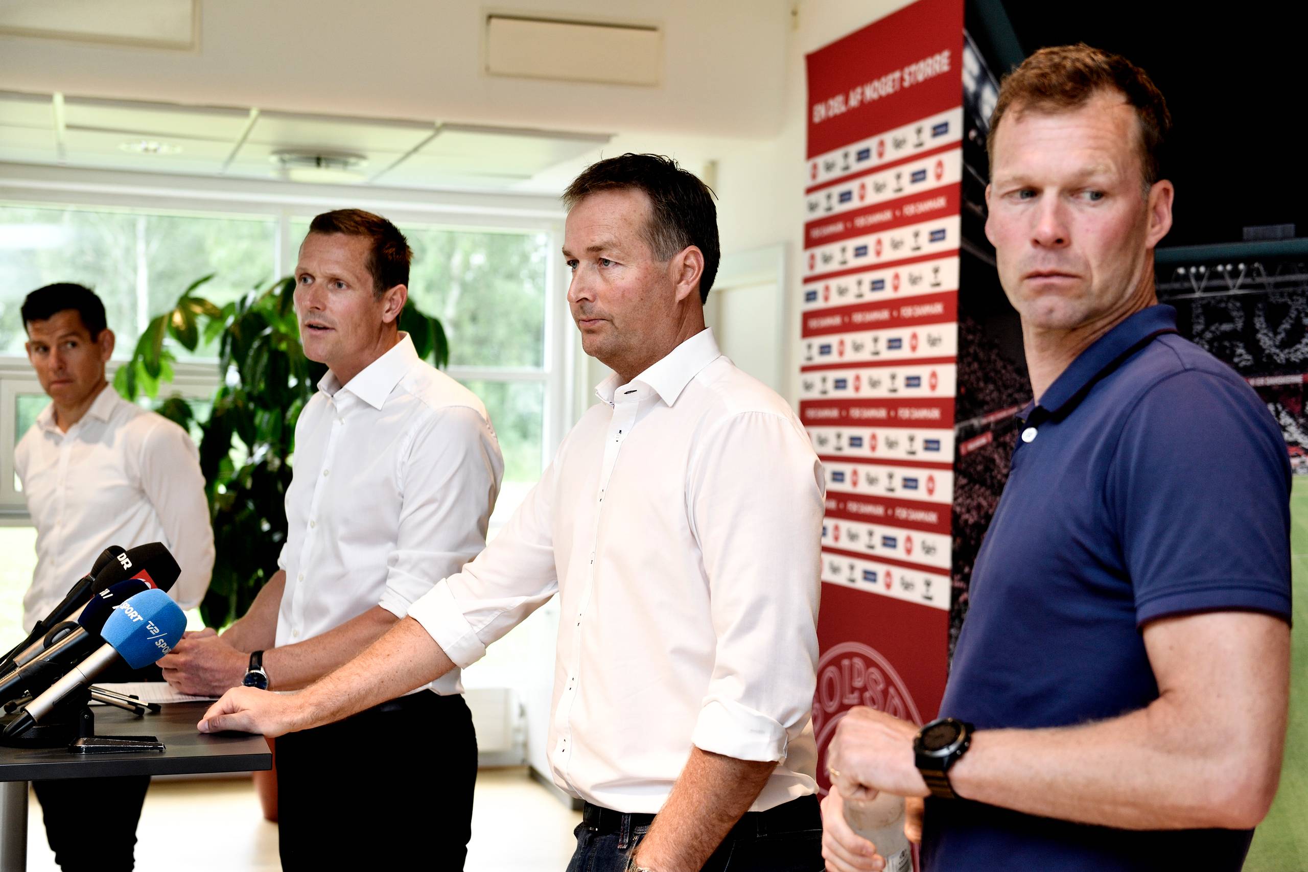 Peter Møller, fodbolddirektør i DBU, præsenterer Kasper Hjulmand som kommende ny landstræner og Morten Wieghorst som assistenttræner i DBUs hovedkvarter i Brøndby, onsdag den 12. juni 2019. Foto: Tariq Mikkel Khan/Ritzau Scanpix  