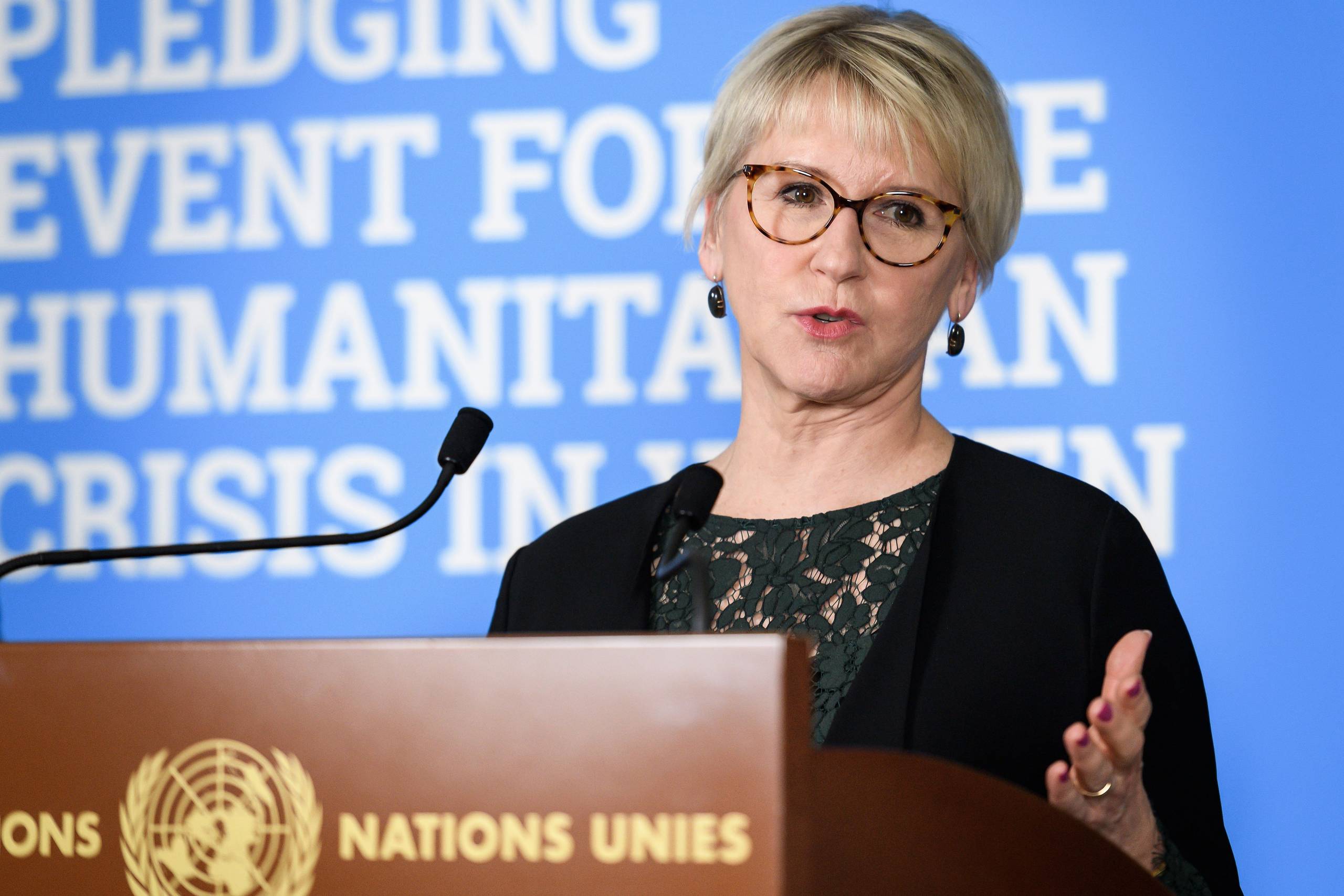 
    (FILES) In this file photo taken on February 26, 2019 Swedish foreign minister Margot Wallstrom speaks during a press conference following a pledging conference for the humanitarian crisis in Yemen at the United Nations offices in Geneva. - Sweden's foreign minister Margot Wallstrom resigns on Twitter. Foto: Fabrice Coffrini/AFP
  