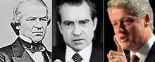 Tre tidligere præsidenter, hvis navne er forbundet til rigsretssager. Til venstre Andrew Johnson, som med nød og næppe undgik at blive afsat, til højre Bill Clinton, der blev frikendt, og i midten Richard Nixon, der gik af, inden rigsretssagen mod ham blev åbnet. Fotocollage: AFP