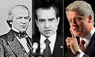 Tre tidligere præsidenter, hvis navne er forbundet til rigsretssager. Til venstre Andrew Johnson, som med nød og næppe undgik at blive afsat, til højre Bill Clinton, der blev frikendt, og i midten Richard Nixon, der gik af, inden rigsretssagen mod ham blev åbnet. Fotocollage: AFP