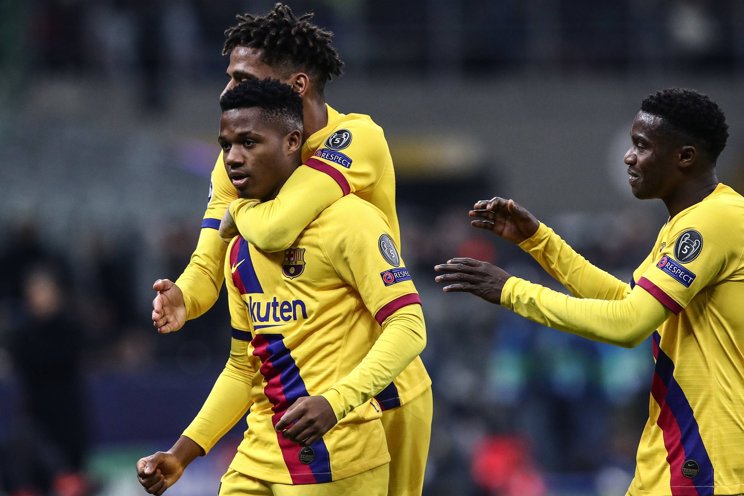 Barcelonas Ansu Fati hykdes efter sit rekordmål som yngste målscorer nogensinde i en Champions League-kamp. Foto: Isabella Bonotto/AFP