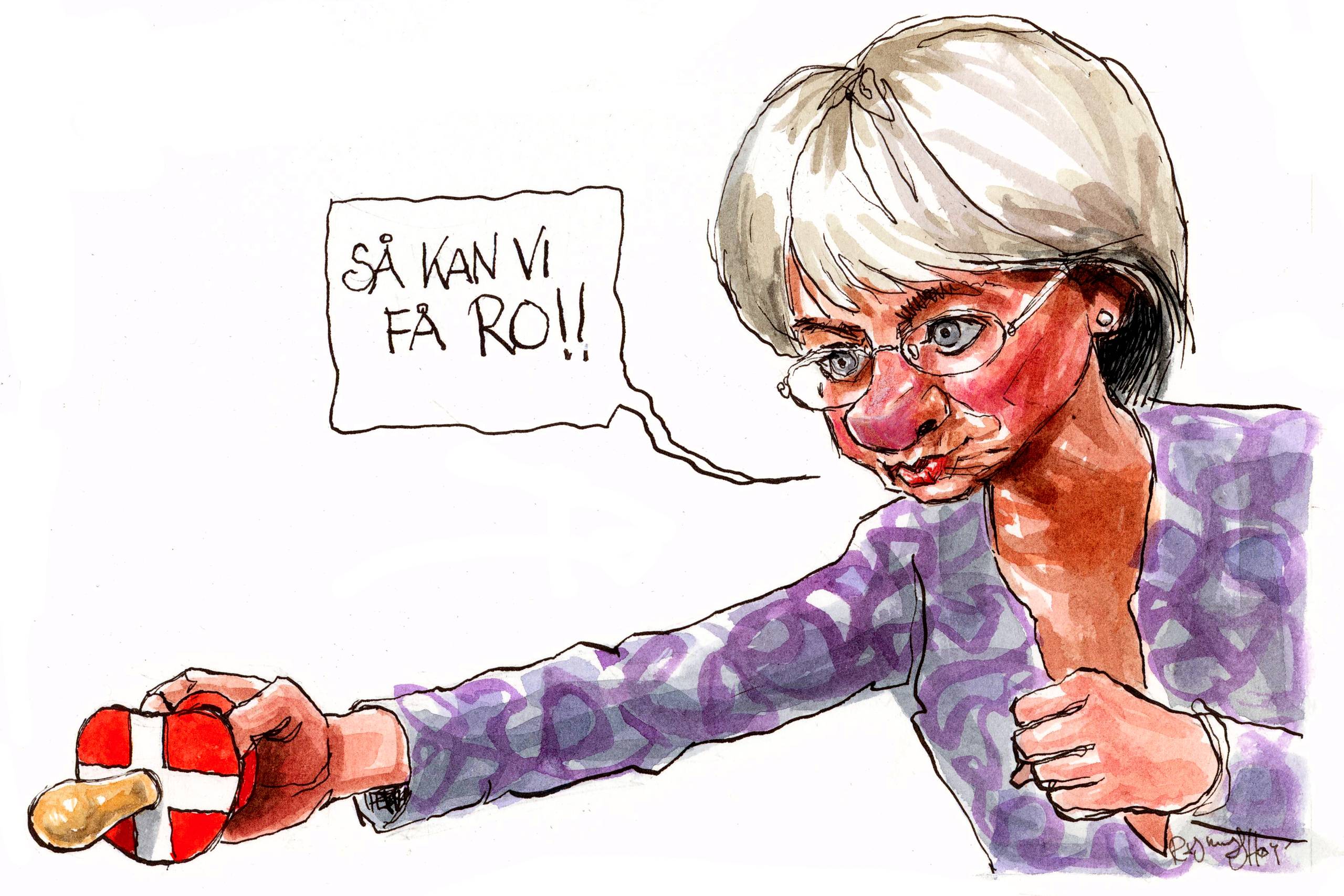 Pia Kjærsgaard er blevet gammelsur og brokker sig gnavent og højlydt efter to tabte valg. Arkivtegning: Rasmus Sand Høyer.