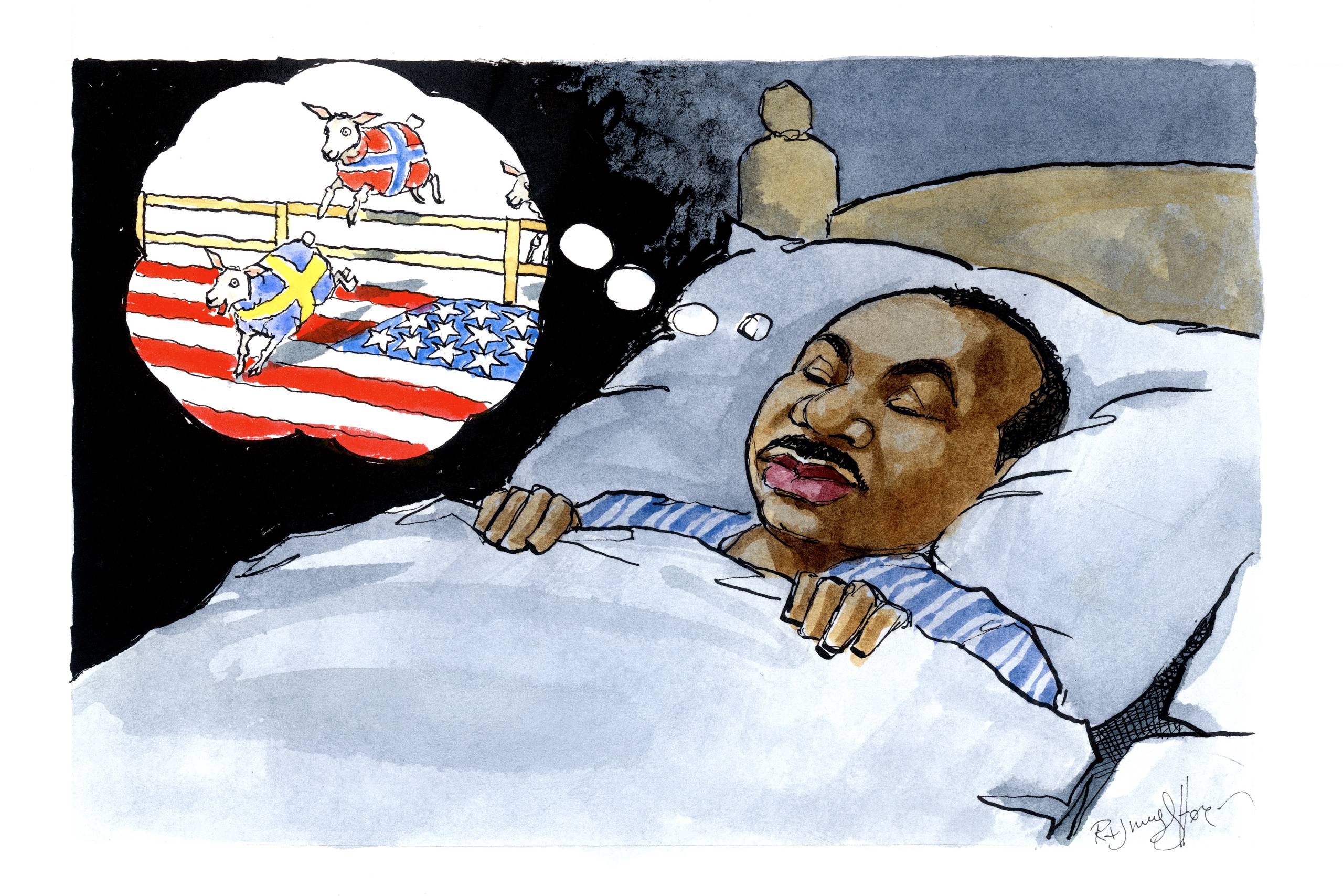 Martin Luther King så De Sorte Pantere som et nihilistisk foretagende, som beskæftigede sig med mord, brandstiftelse og plyndring. Ikke desto mindre var det hans død, der åbnede døren for voldsbevægelsen, først for unge sorte, siden for unge hvide, selvom de altså ikke måtte være med. Arkivtegning: Rasmus Sand Høyer.