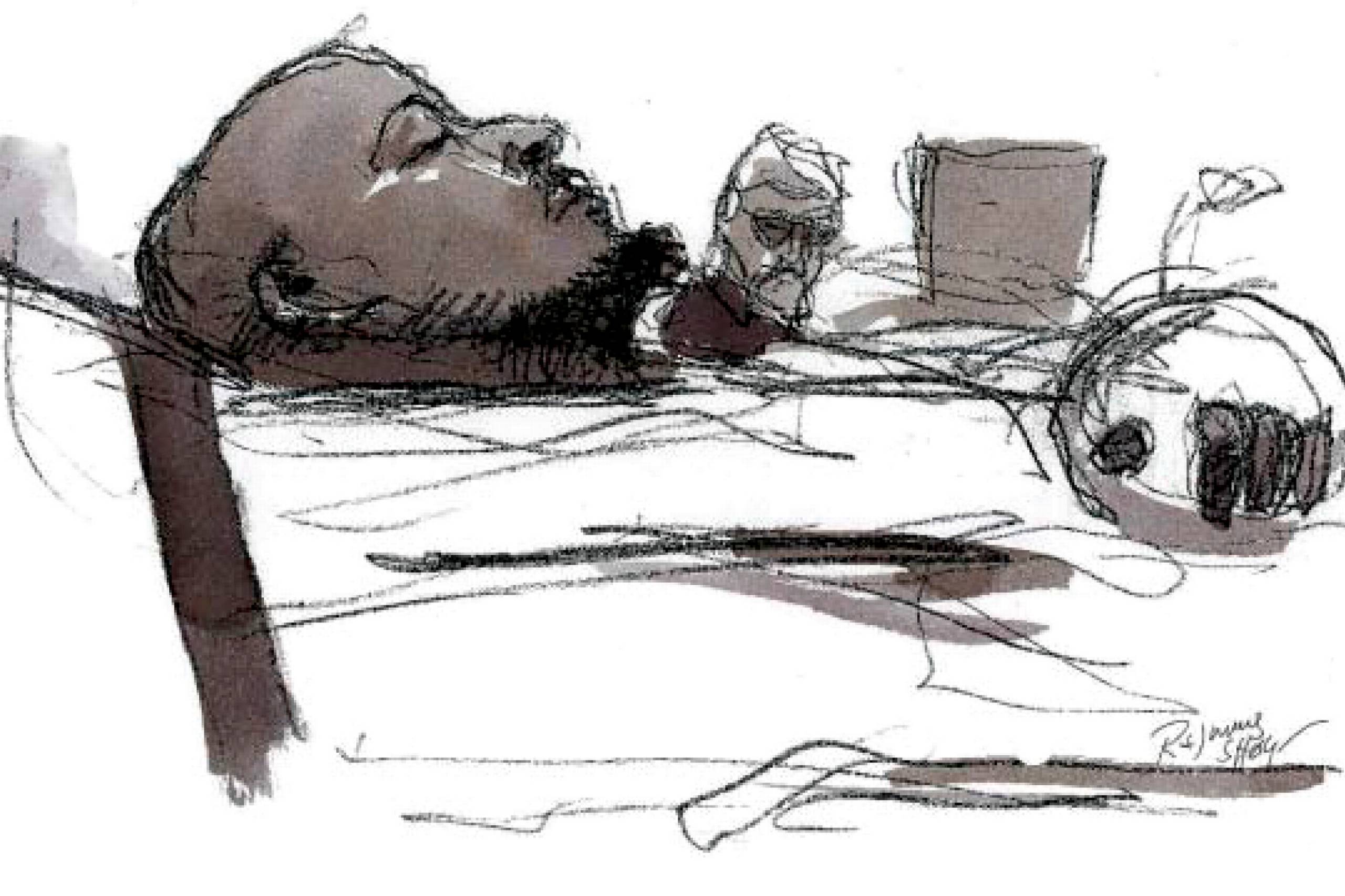     Somalier overfalder Kurt Westergaard med en økse.Grundlovsforhør. Den 28-årige somalier var placeret på en båre i retssalen efter at være blevet skudt i hånden og benet af en betjent.  Tegning: Rasmus Sand Høyer