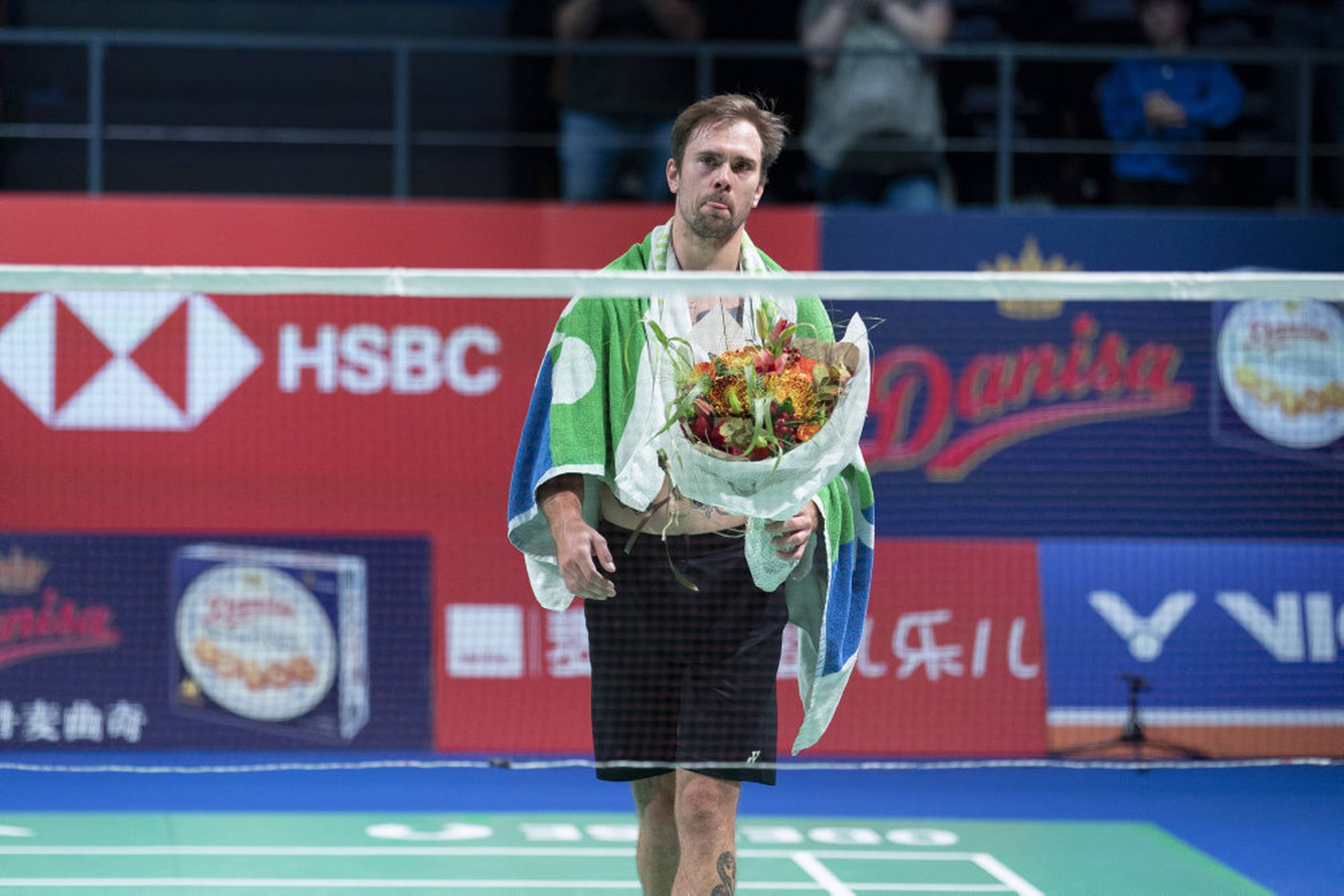 En bevæget Jan Ø. Jørgensen spillede fredag sin sidste kamp i karrieren, da han tabte til Anders Antonsen i kvartfinalen i Denmark Open. Foto: Claus Fisker/Ritzau Scanpix