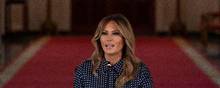 First lady Melania Trump speaks during a roundtable discussion about "Recovery at Work: Celebrating Connections, " in the East Room of the White House, Thursday, Sept. 3, 2020, in Washington. (AP Photo/Alex Brandon)