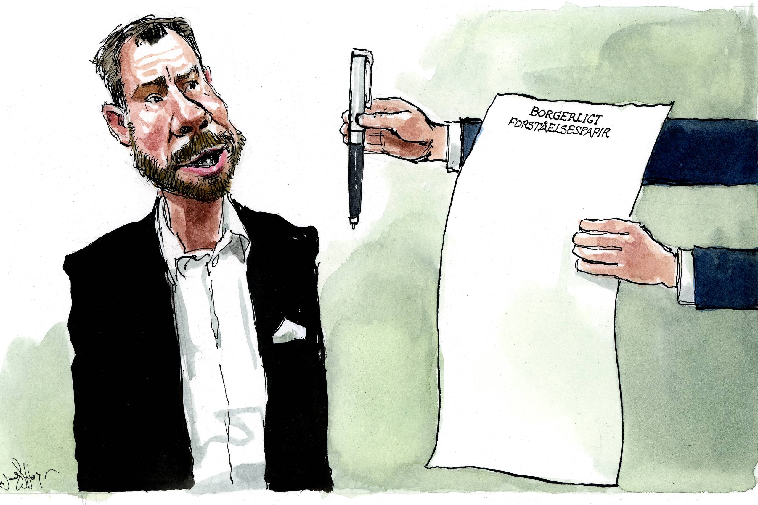 Ellemann slider sit fjæs op. Han ligner efterhånden en mand med en uretfærdig bodeling og en skæv samværsløsning. Gå nu i gang med noget rigtig politik, lyder opfordringen fra Reimer Bo Christensen. Arkivtegning: Rasmus Sand Høyer.