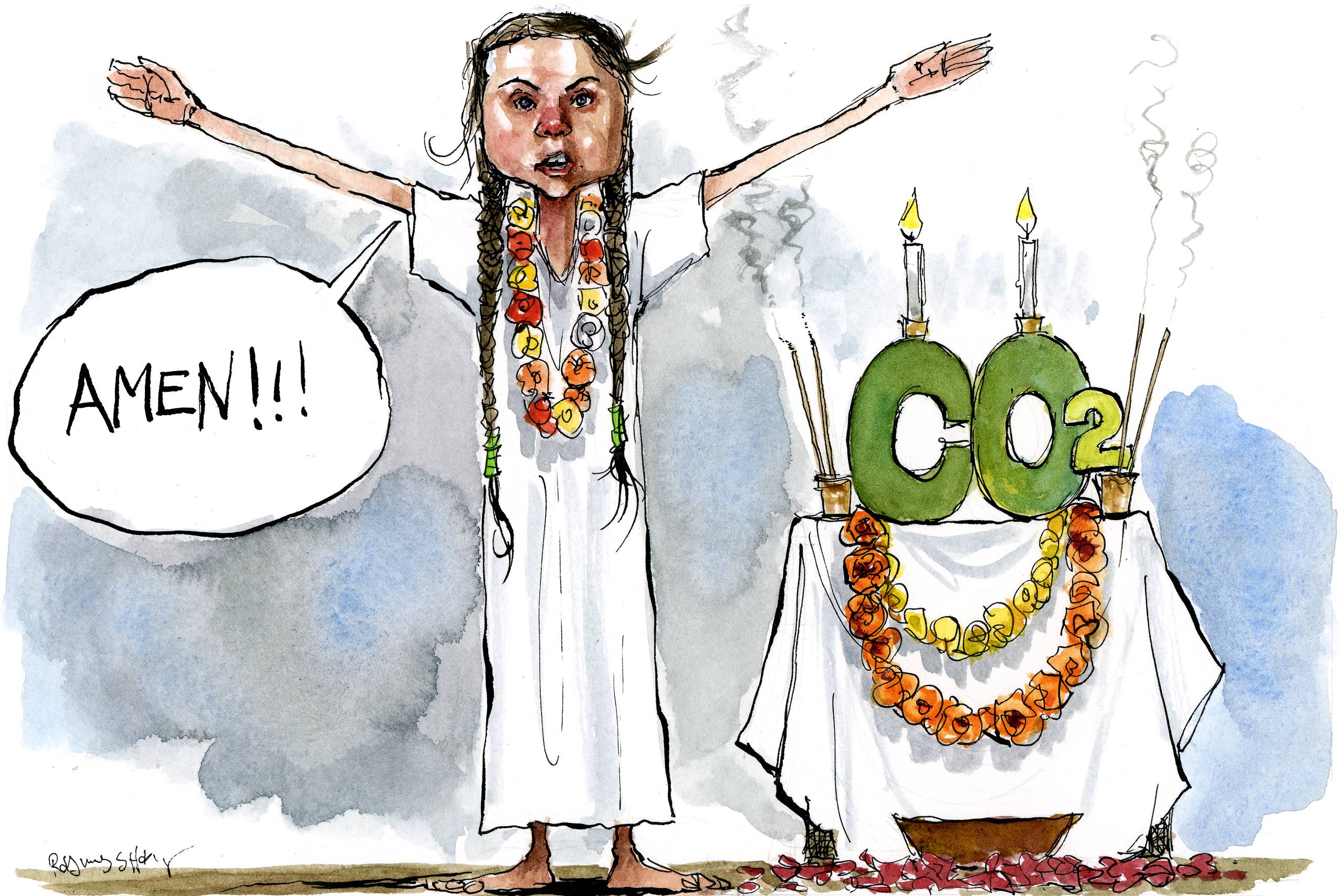 Den mest klimaengagerede opinion har sjældent øje for udfordringerne i klimakampen. De befinder sig stadig i uddannelsessystemets osteklokke, de voksne er typisk ansat i kultur, medier og offentlig sektor. Det er ikke deres job, der er i farezonen, skriver Lars Olsen. Arkivtegning: Rasmus Sand Høyer