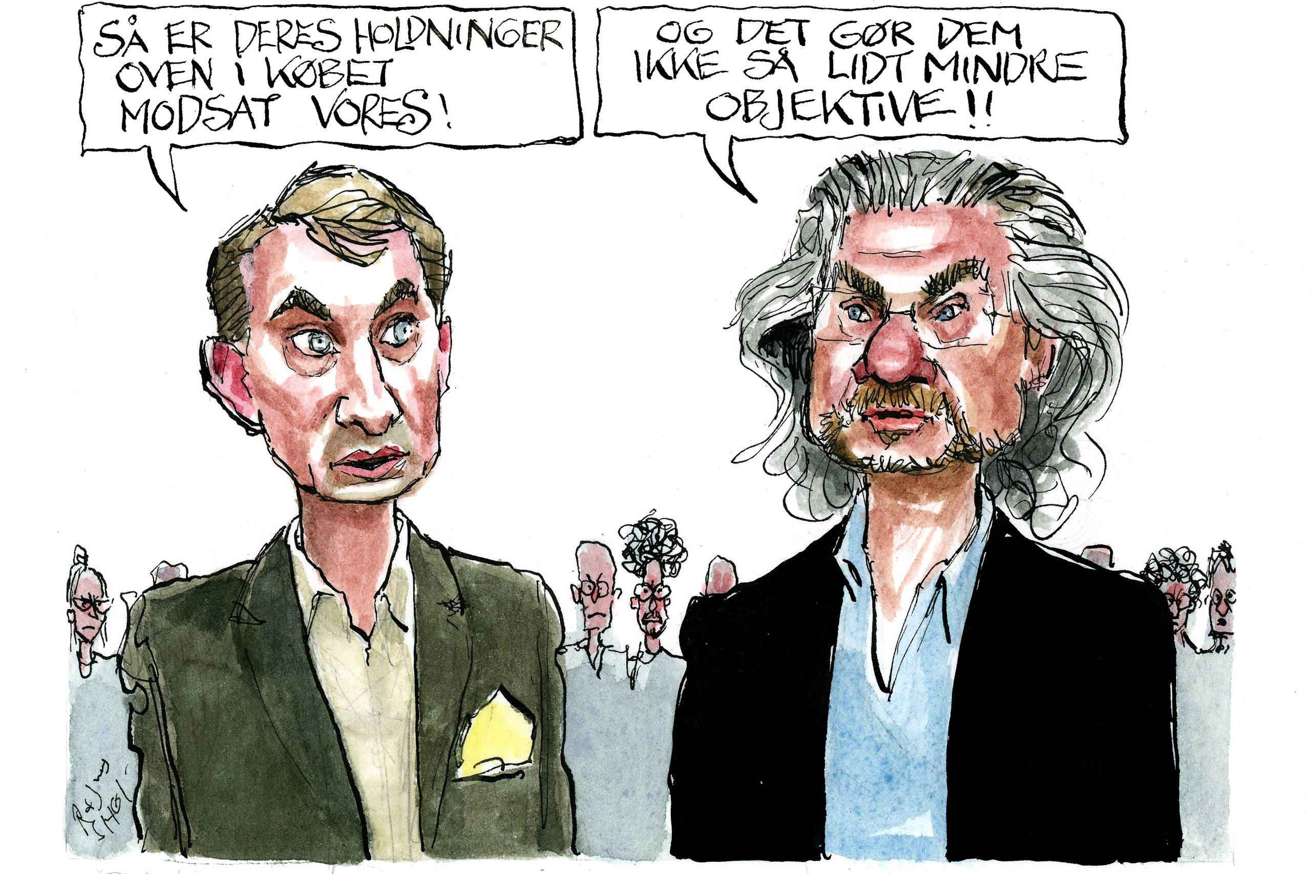 Morten Messerschmidt og Henrik Dahl er gået til angreb på politiserende forskning på universiteterne. Politikerne skal passe på med, at de løftede pegefingre kommer for tæt på den frihed, der er nødvendig for forskerne, mener Julie Rokkjær Birch. Arkivtegning: Rasmus Sand Høyer.  
