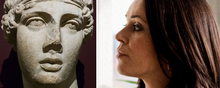 Til venstre: portræt af Sapfo. Foto: Eric Gaba. Taget på Istanbuls Arkæologiske Museum i Tyrkiet. Til højre ses forfatter Mette Moestrup. Foto: Lærke Posselt