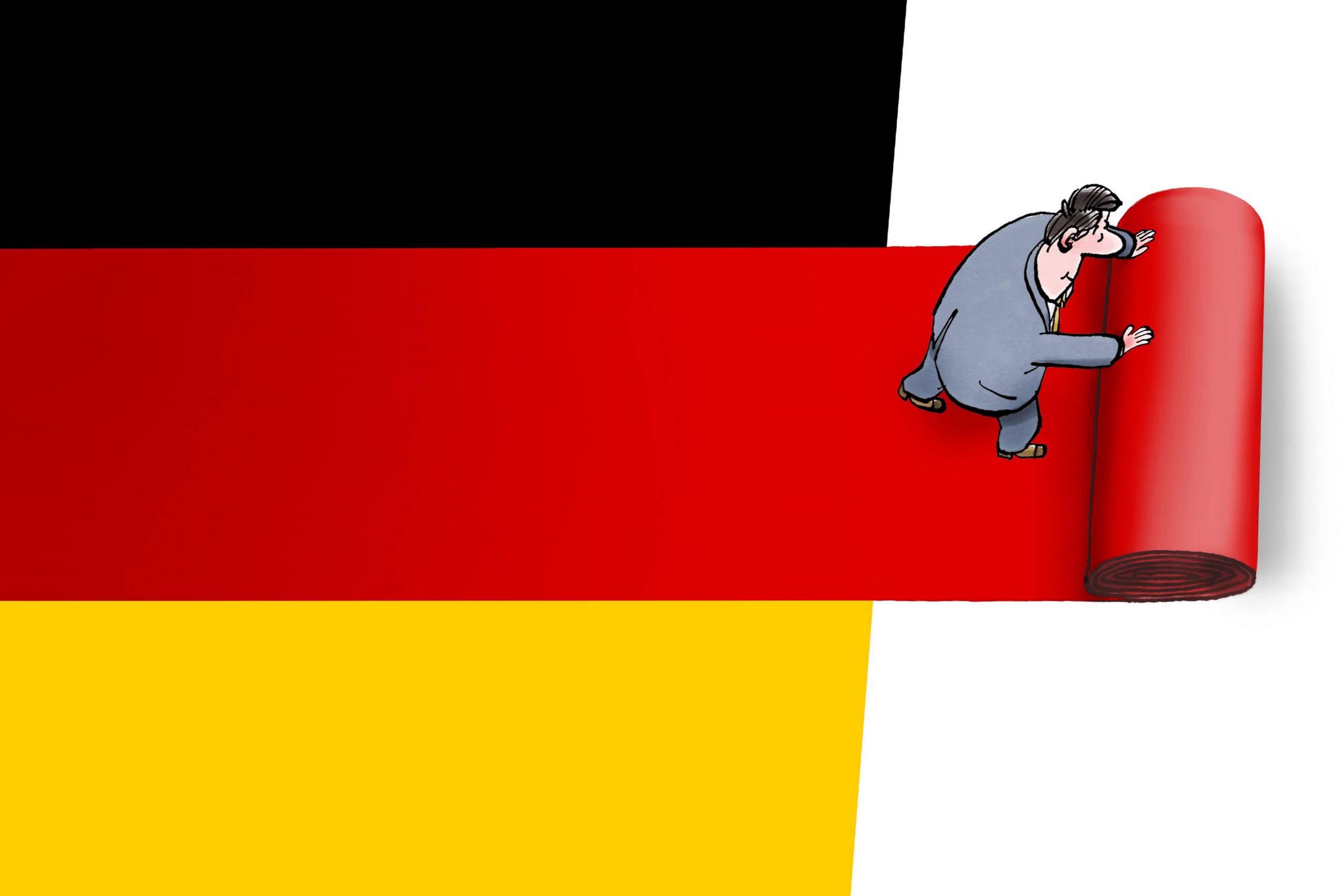 Den røde løber rulles ud til Angela Merkel, når hun forlader posten som kansler efter 16 år. Og det er vigtigt - også for Danmark - hvem der efterfølger hende. Arkivtegning: Niels Bo Bojesen