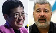 (FILES) This file combination of pictures created on October 08, 2021, shows Maria Ressa (L), co-founder and CEO of the Philippines-based news website Rappler, speaking at the Human Rights Press Awards at the Foreign Correspondents Club of Hong Kong on on May 16, 2019 and Dmitry Muratov, editor-in-Chief of Russia's main opposition newspaper Novaya Gazeta gestures as he speaks during a news conference in Moscow, on December 11, 2012. - The 2021 Nobel Peace Prize was awarded on October 8, 2021 to journalists Maria Ressa (Philippines) and Dmitry Muratov (Russia). (Photo by Isaac LAWRENCE / AFP)