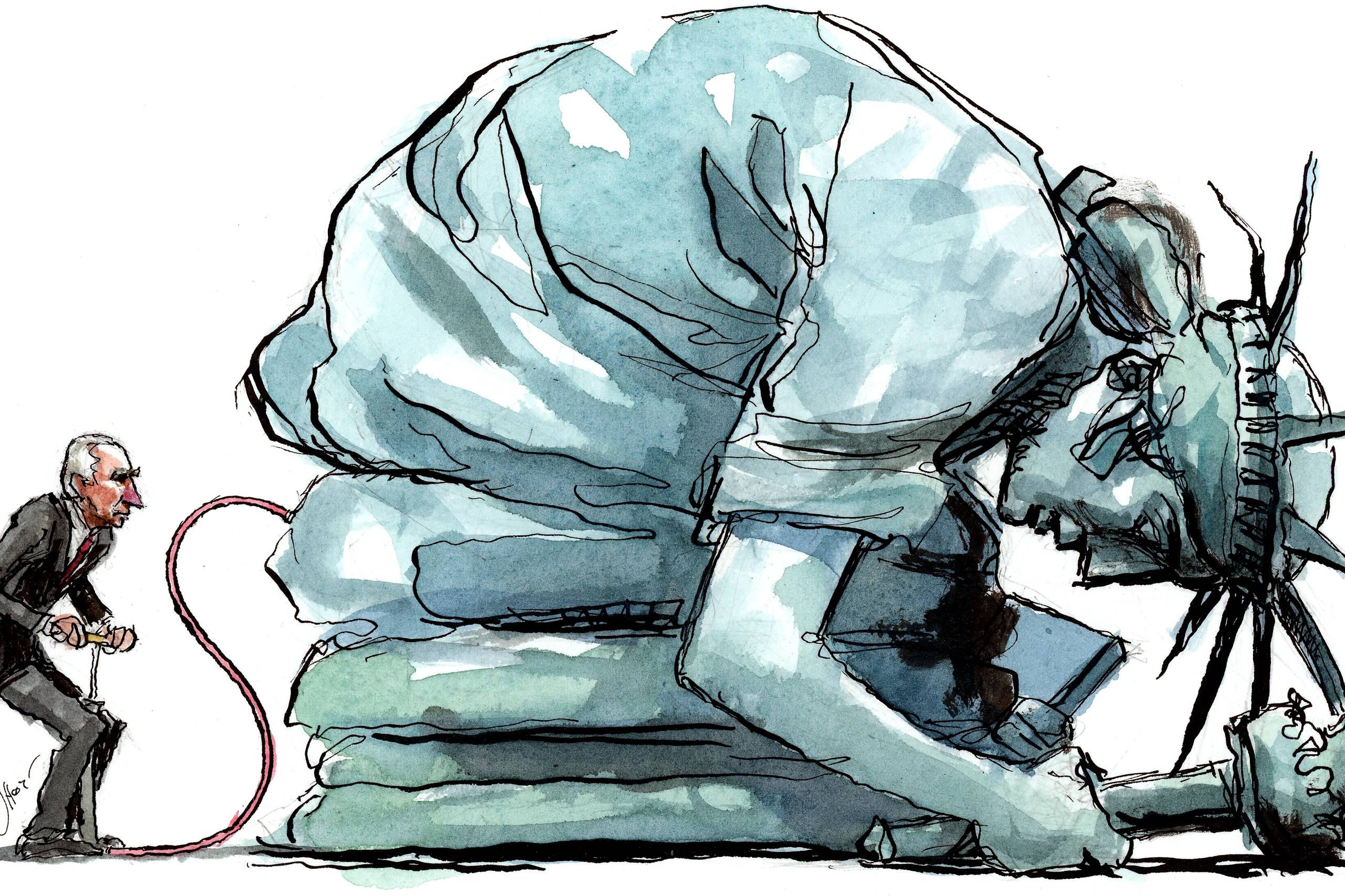 Nu, hvor Joe Biden sidder i Det Hvide Hus, følger Senatets minoritetsleder, Mitch McConnell, Donald Trumps modvillige, men pålidelige håndlanger, den samme drejebog, som han finpudsede i Barack Obamas tid som præsident. Og Jan-Werner Müller er skeptisk over, hvorvidt det politiske centrum har en fremtid. Arkivtegning: Rasmus Sand Høyer