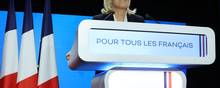 Marine Le Pen talte søndag aften til sine tilhængere efter valgnederlaget. Foto: Thomas Samson/AFP
