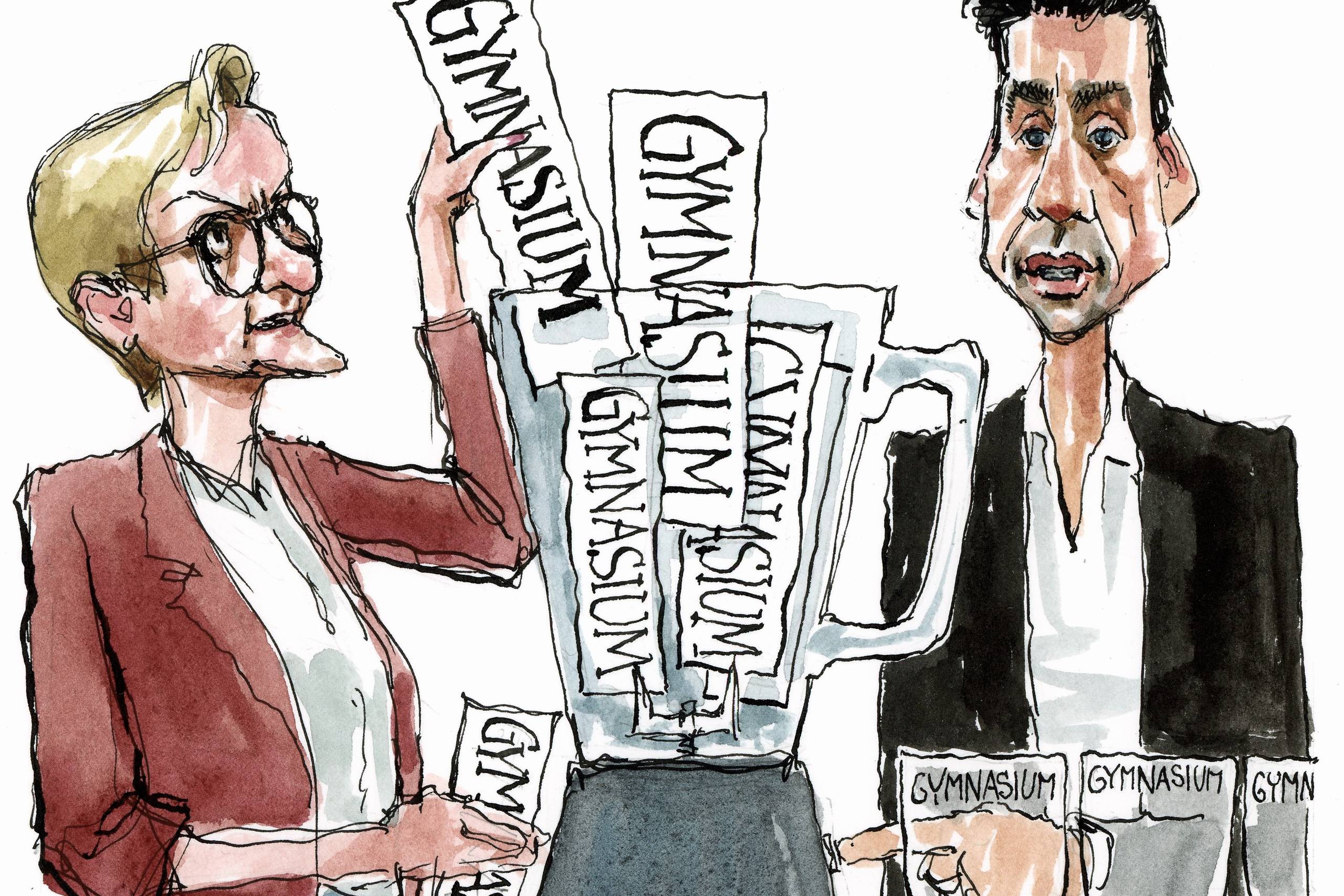 Man skulle også tro, at begejstringen for et opgør med de etnisk opdelte gymnasier gav genklang fra alle sider af folketingssalen. Desværre har samtlige blå partier – på nær Kristendemokraterne – valgt at stå uden for aftalen om elevfordeling. Og det, på trods af at de ligesom os har problematiseret parallelsamfundene i årevis, skriver Pernille Rosenkrantz-Theil og Kaare Dybvad Bek. Tegning: Rasmus Sand Høyer