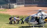 In this frame grab from a video courtesy of Horatio Gates recorded on August 12, 2022, Salman Rushdie is seen being loaded onto a medical evacuation helicopter near the Chautauqua Institution after being stabbed in the neck while speaking on stage in Chautauqua, New York. - Rushdie, whose controversial writings made him the target of a fatwa that forced him into hiding, was stabbed in the neck by an attacker on stage Friday in western New York state, according to New York State Police. The attacked is in custody. (Photo by Handout / AFP) / RESTRICTED TO EDITORIAL USE - MANDATORY CREDIT "AFP PHOTO / HORATIO GATES" - NO MARKETING NO ADVERTISING CAMPAIGNS - DISTRIBUTED AS A SERVICE TO CLIENTS