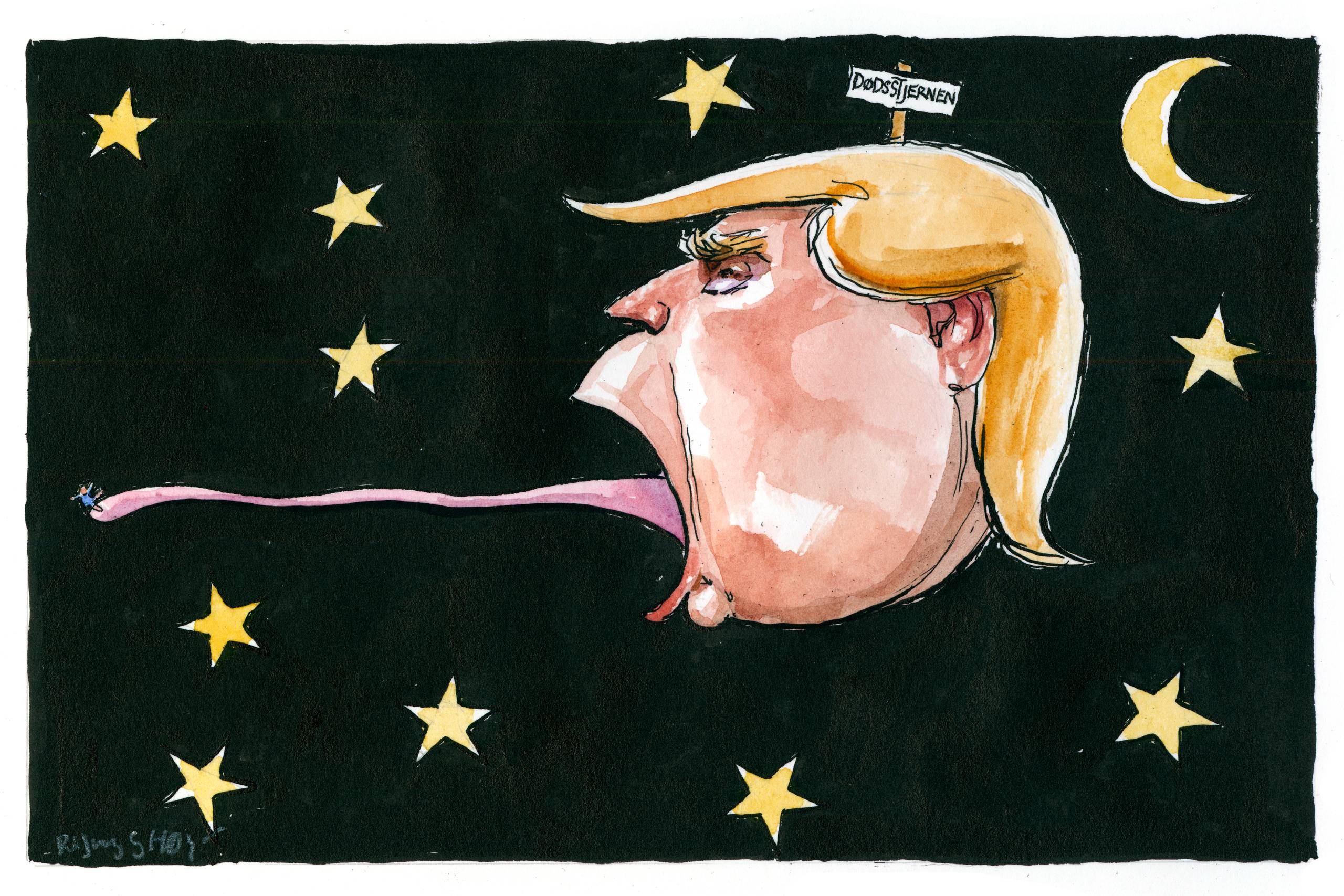 Donald Trump har vist sig at være noget af en dødsstjerne, der foreløbig har slugt to prominente politikerfamilier, Bush og Cheney. Tegning: Rasmus Sand Høyer