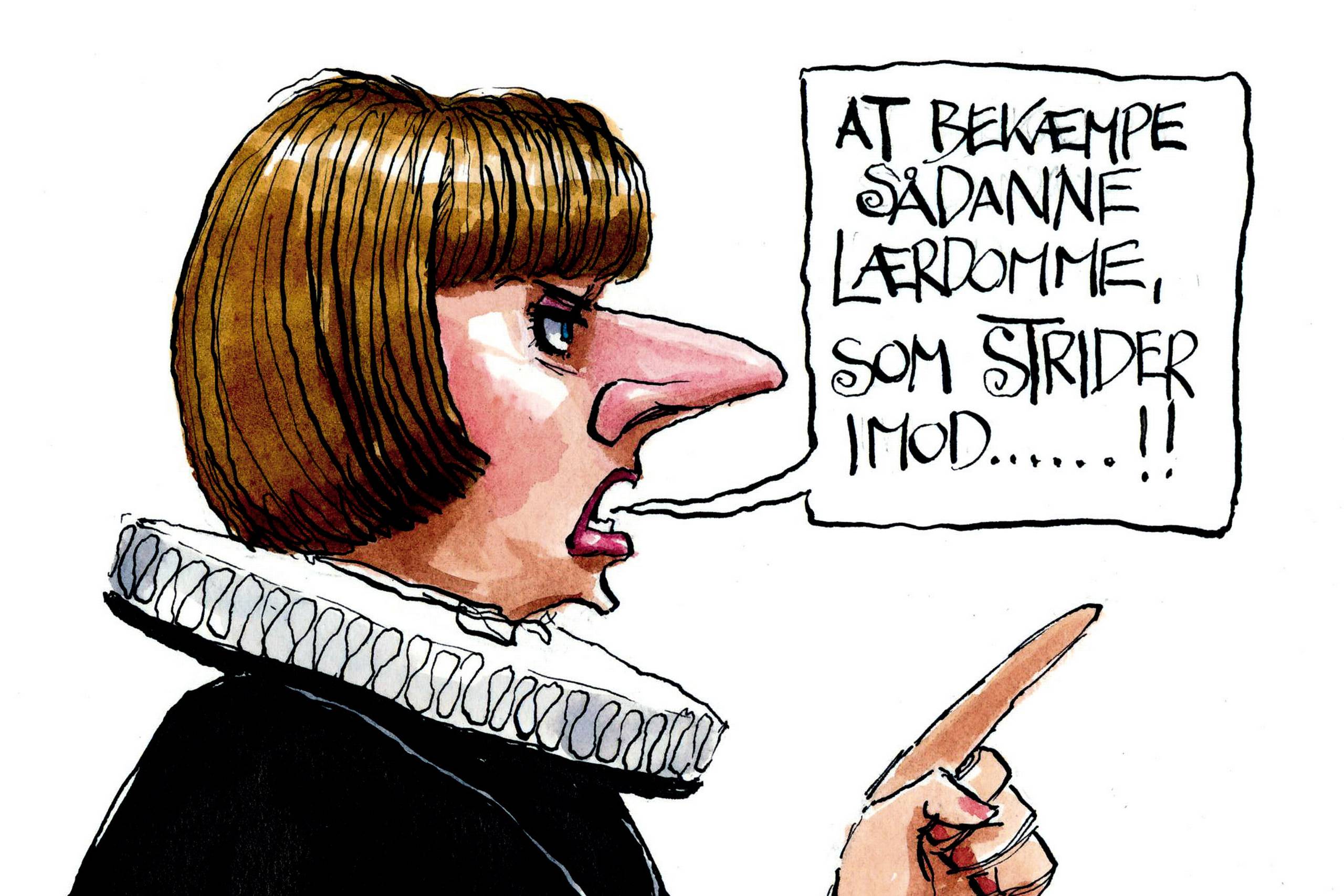 Der er ingen grund til at have​ folkekirkens dispensation fra Ligebehandlingsloven. Derimod synes der at have været en grund til, at den blev lusket ind uden nogen form for behandling i 1978 og siden kun har været kendt af få kirkelige kredse, mener Else Marie Wiberg Pedersen. Arkivtegning: Rasmus Sand Høyer.