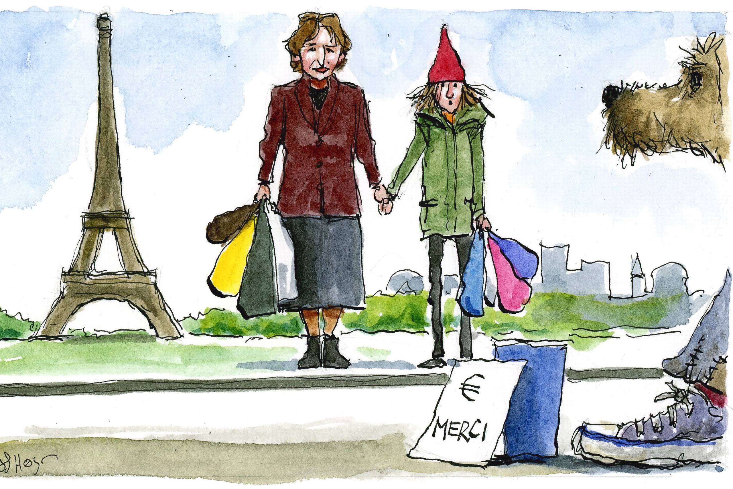 Elisabeth Dons Christensen og barnebarnet Karen Marie var på dannelsesrejse til Paris og fik lejlighed til at tænke over forskellene på det katolske Frankrigs normer i modsætning til vores lutherske - og hvordan det udmønter sig den dag i dag. Tegning: Rasmus Sand Høyer