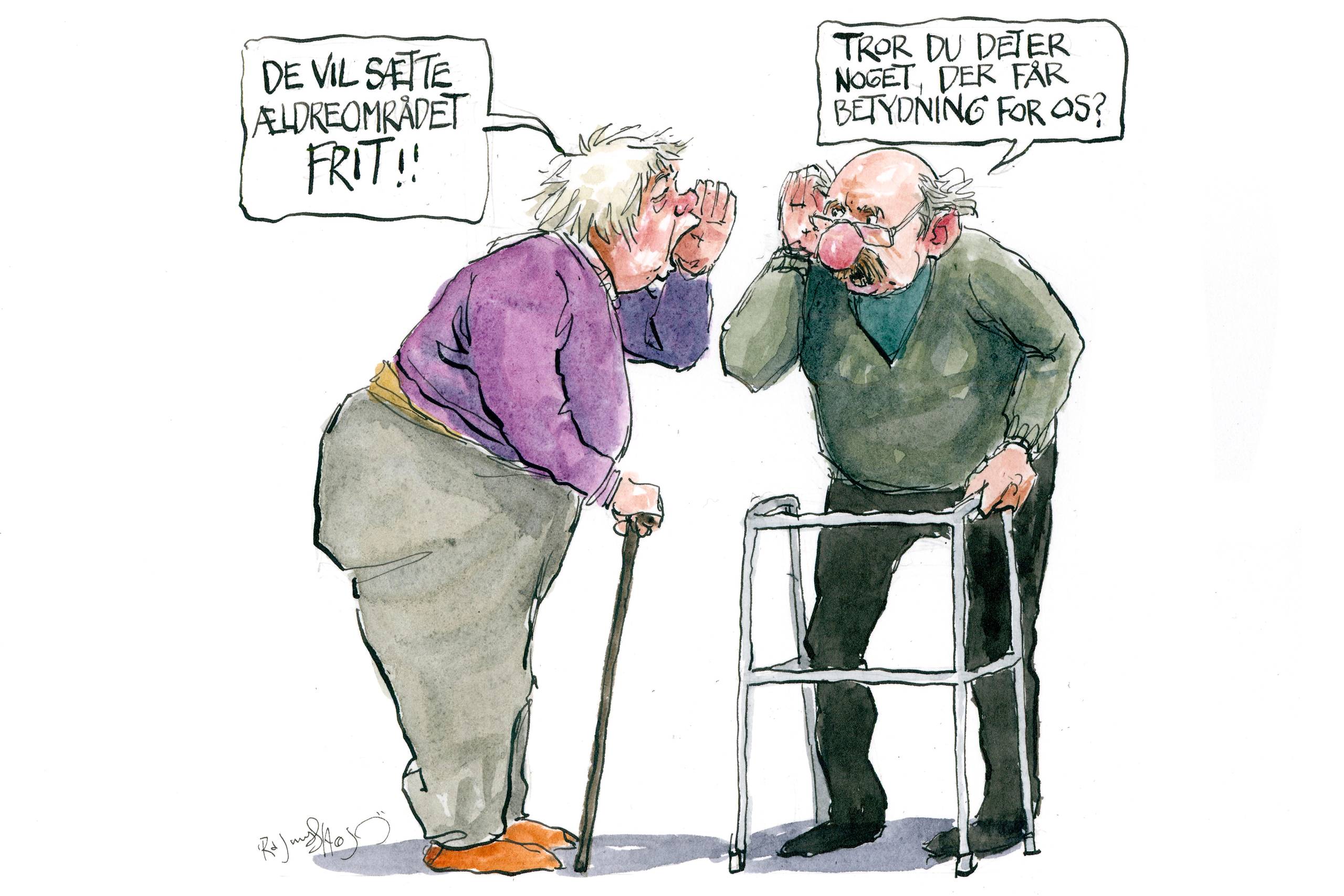 Den hjælp,​ man kan få som borger, skal ikke være afhængig af hverken postnummer eller friværdi. Det kræver, at vi laver de grundlæggende ændringer i ældreplejen fra centralt hold og for hele ældreplejen – både den offentlige og den private pleje, skriver Tanja Nielsen. Tegning: Rasmus Sand Høyer