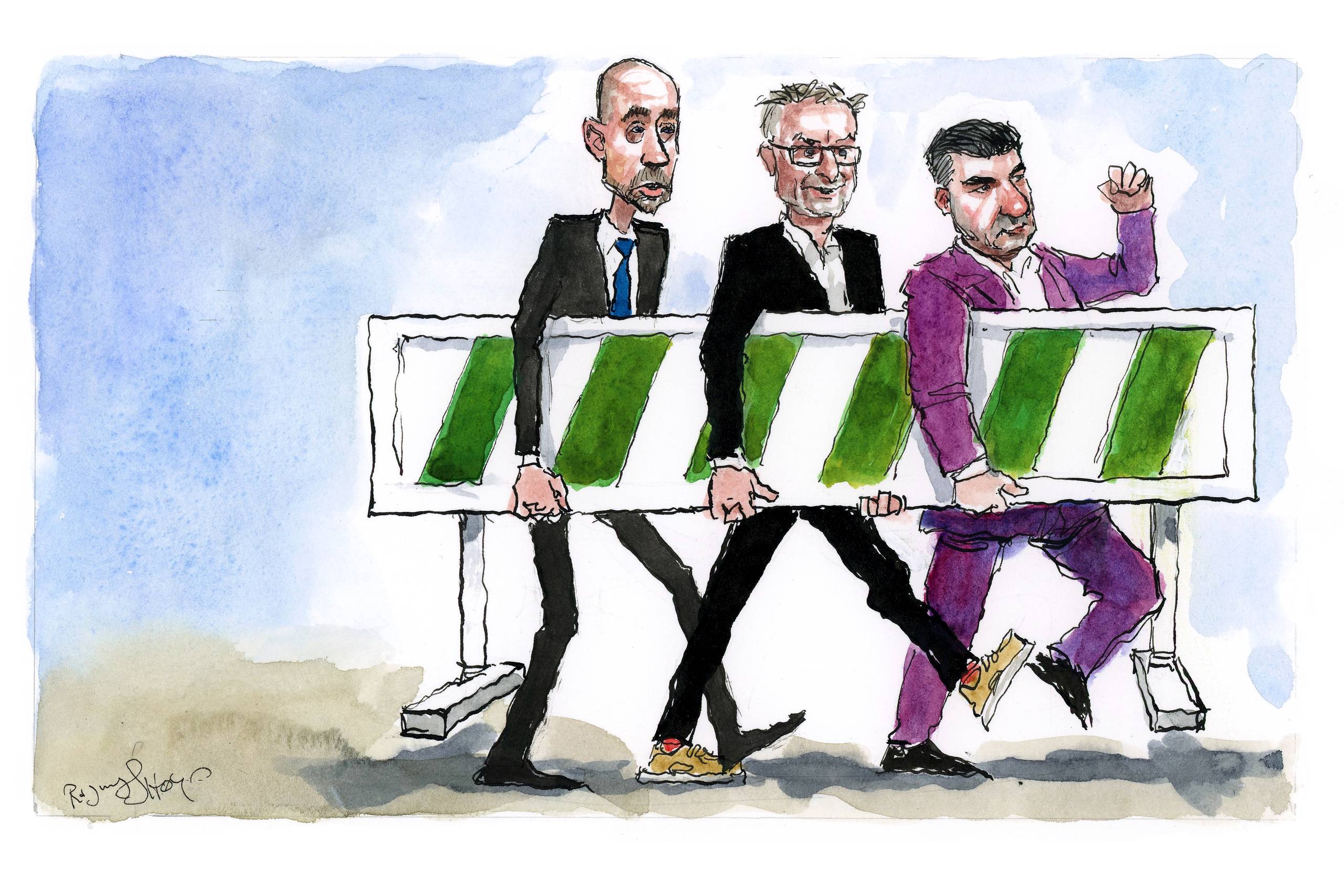 Står der en regel eller arbejdsgang i vejen for den grønne omstilling – og kan den undværes – så skal den væk eller ændres, mener de tre ministre. Tegning: Rasmus Sand Høyer