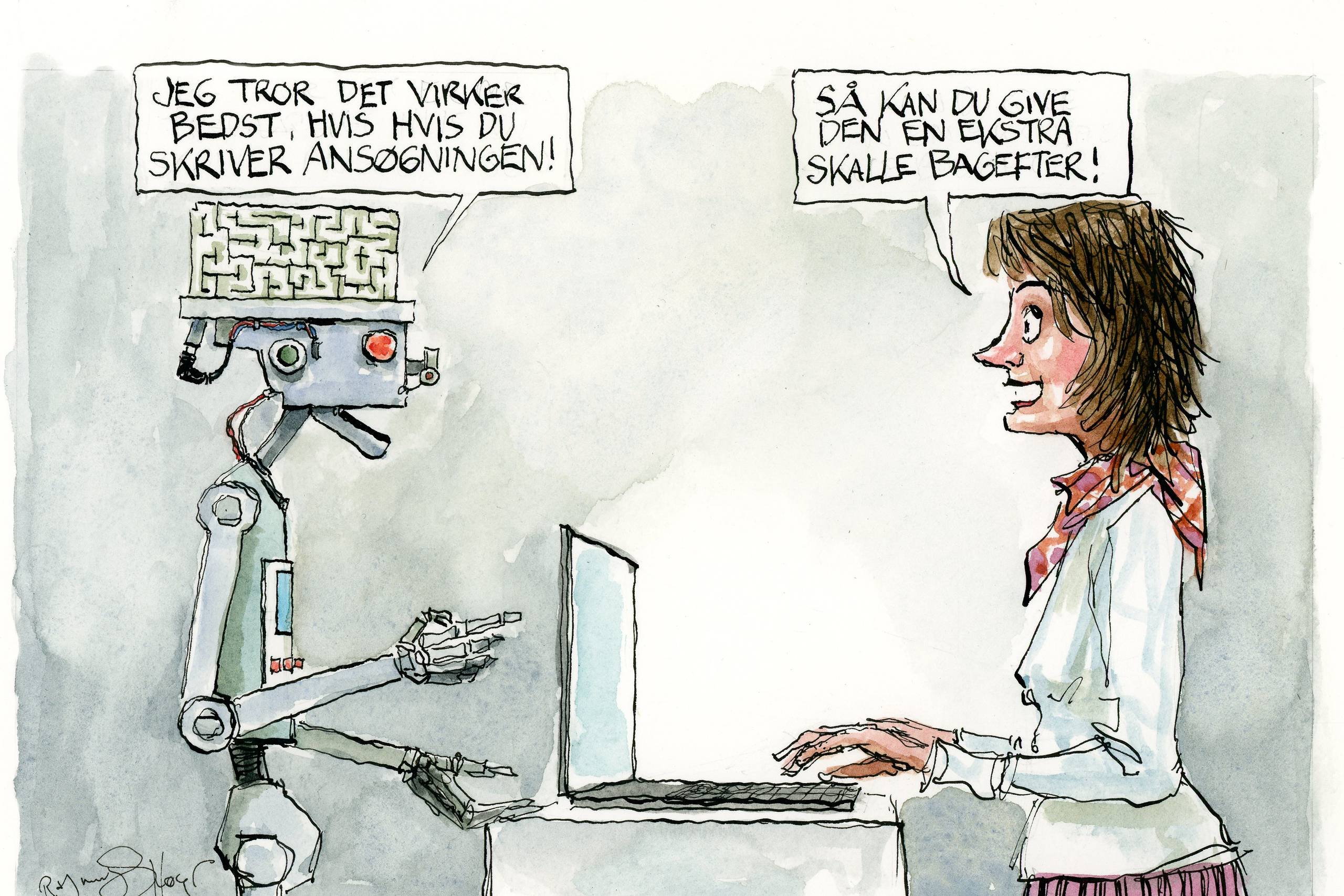 Hvis indholdet er genereret ud fra allerede eksisterende stof, og hvis der ikke er et menneske involveret i processen, er der ikke tale om selvstændigt journalistisk bearbejdet stof i mediestøttelovens forstand. Så derfor kan man ikke få støtte til kunstig intelligens. Endnu. Debatten er nødvendig, mener kronikørerne. Tegning: Rasmus Sand Høyer