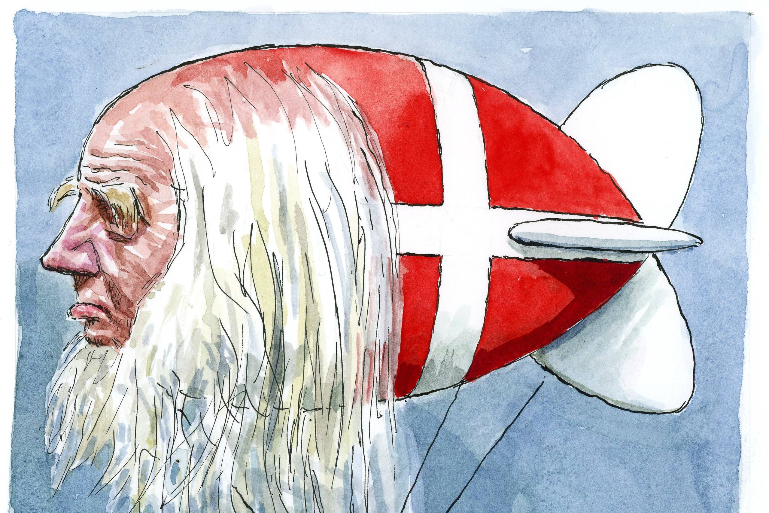 »Grundtvig byggede det Danmark, som vi kender i dag,« hedder det om den nye tv-serie om præsten. Det er en helt​ grundlæggende forkert måde at skrive historie på. Man reducerer komplekse nationale integrationsprocesser, som skete i løbet af 1800-tallet, og gør dem til én mands værk, mener Claus Møller Jørgensen. Tegning: Rasmus Sand Høyer