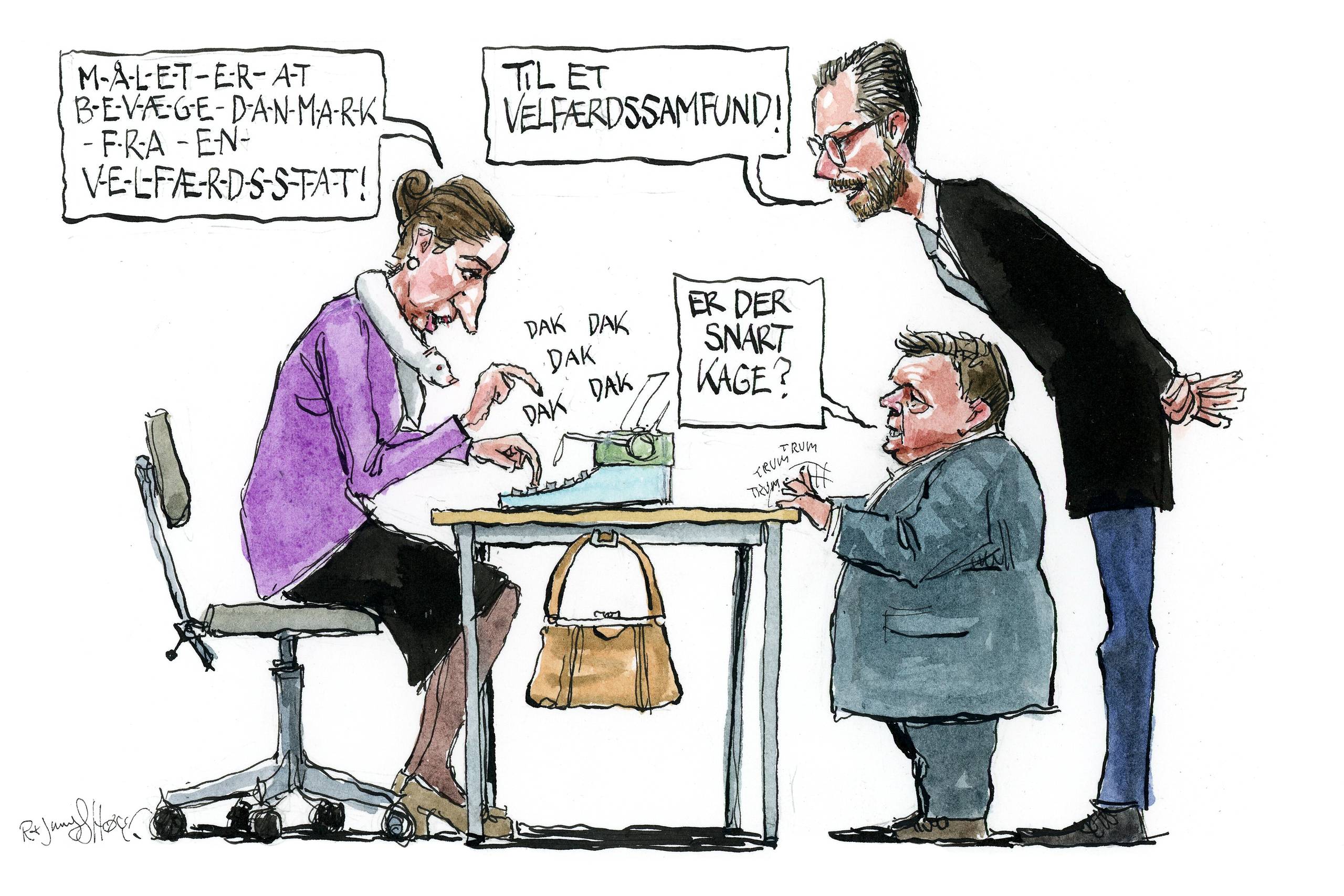 Min opfordring til regeringen: Sæt jer sammen for at skabe et nyt sprog, der skelner skarpere mellem velfærdsstaten og velfærdssamfundet. Her ligger nøglen til en åben og konstruktiv samtale om fremtidens samfundsmodel. Så vi kan tale om, hvilke regler og rammer staten skal justere eller fjerne, for at velfærdssamfundet kan blomstre, skriver Nick Allentoft. Tegning: Rasmus Sand Høyer