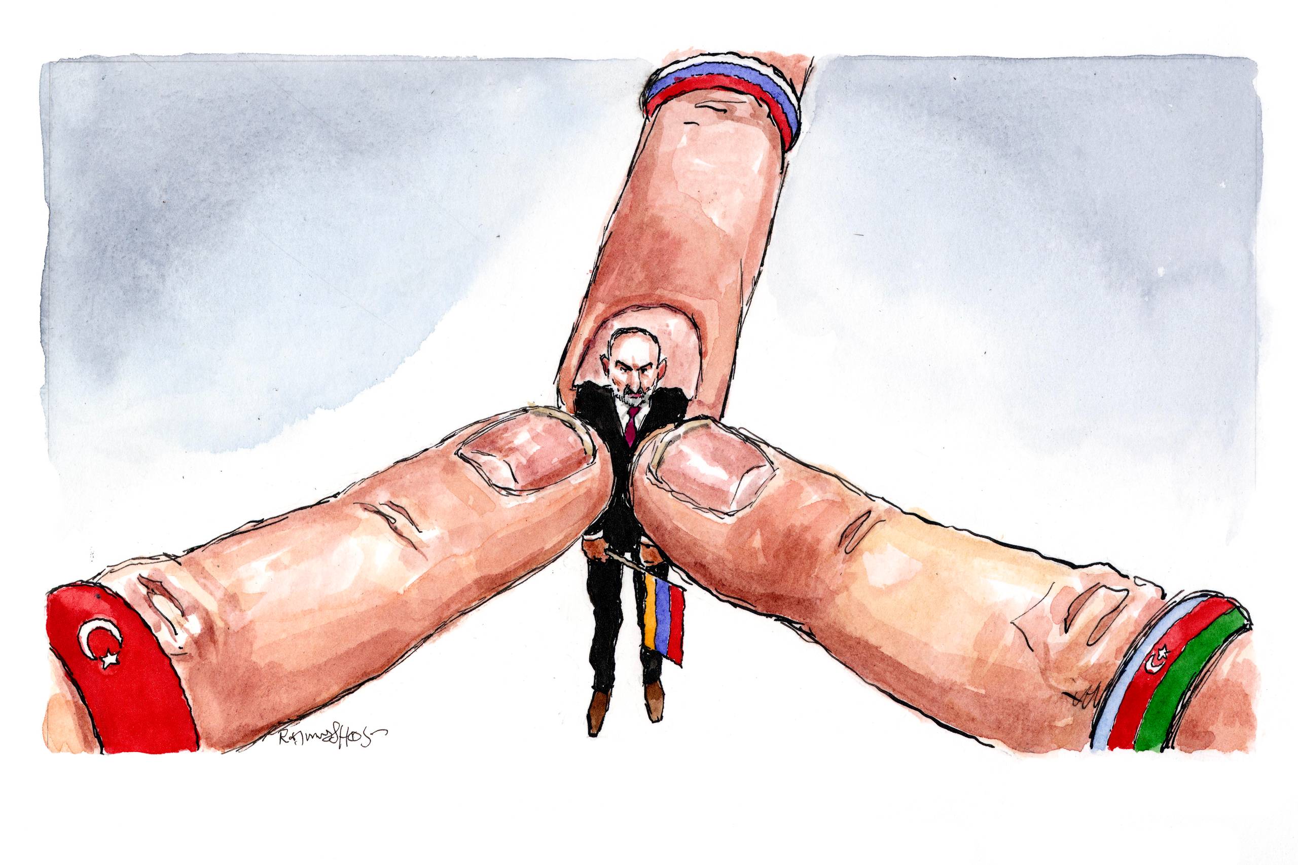 Vi har aldrig rigtig interesseret os for konflikten, men vi bør sammen med ligesindede lande i EU og Nato advare Aserbajdsjan mod nye militære eventyr, mener Erik Boel. Tegning: Rasmus Sand Høyer