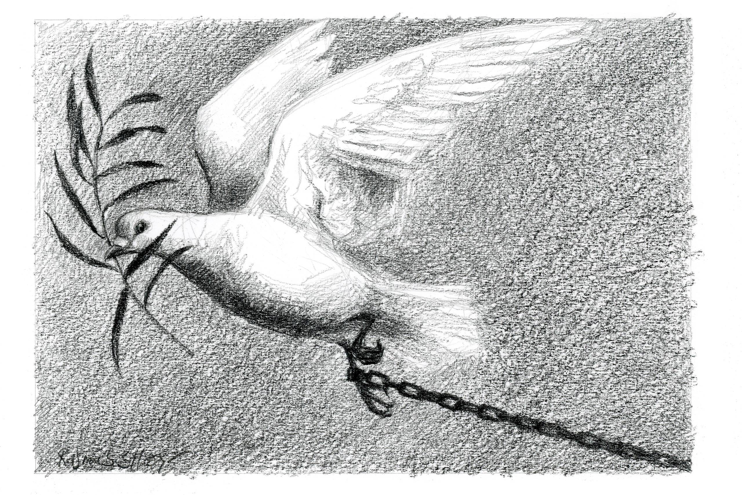 Fred kan dog være et spinkelt ord i en tid som vores. Det kan være et ord, som man næsten ikke tør sætte sit håb til. Det er klart, at fred kan man altid få; man kan jo bare overgive sig og spille død., skriver Thomas Reinholdt Rasmussen. Tegning: Rasmus Sand Høyer