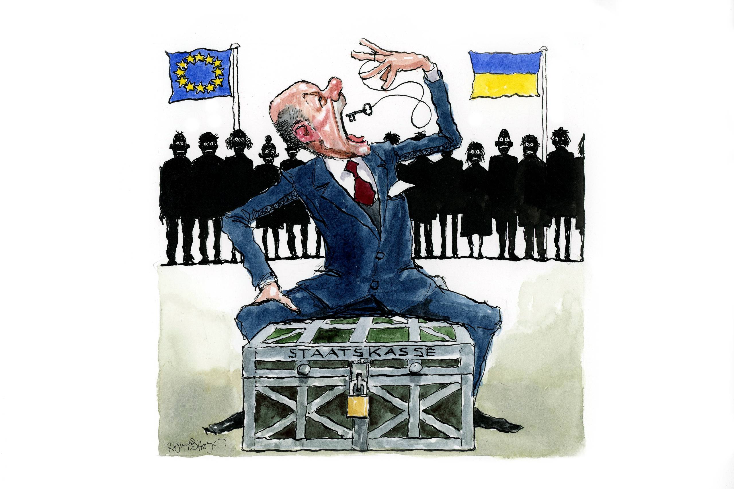 Tyskland får svært ved at presse andre EU-lande til at højne deres nationale støtte, så længe de sætter en bremse for fælleseuropæiske tiltag. Så derfor må kansler Olaf Scholz lukke for kassen til det fælles bidrag til Ukraine. Tegning: Rasmus Sand Høyer